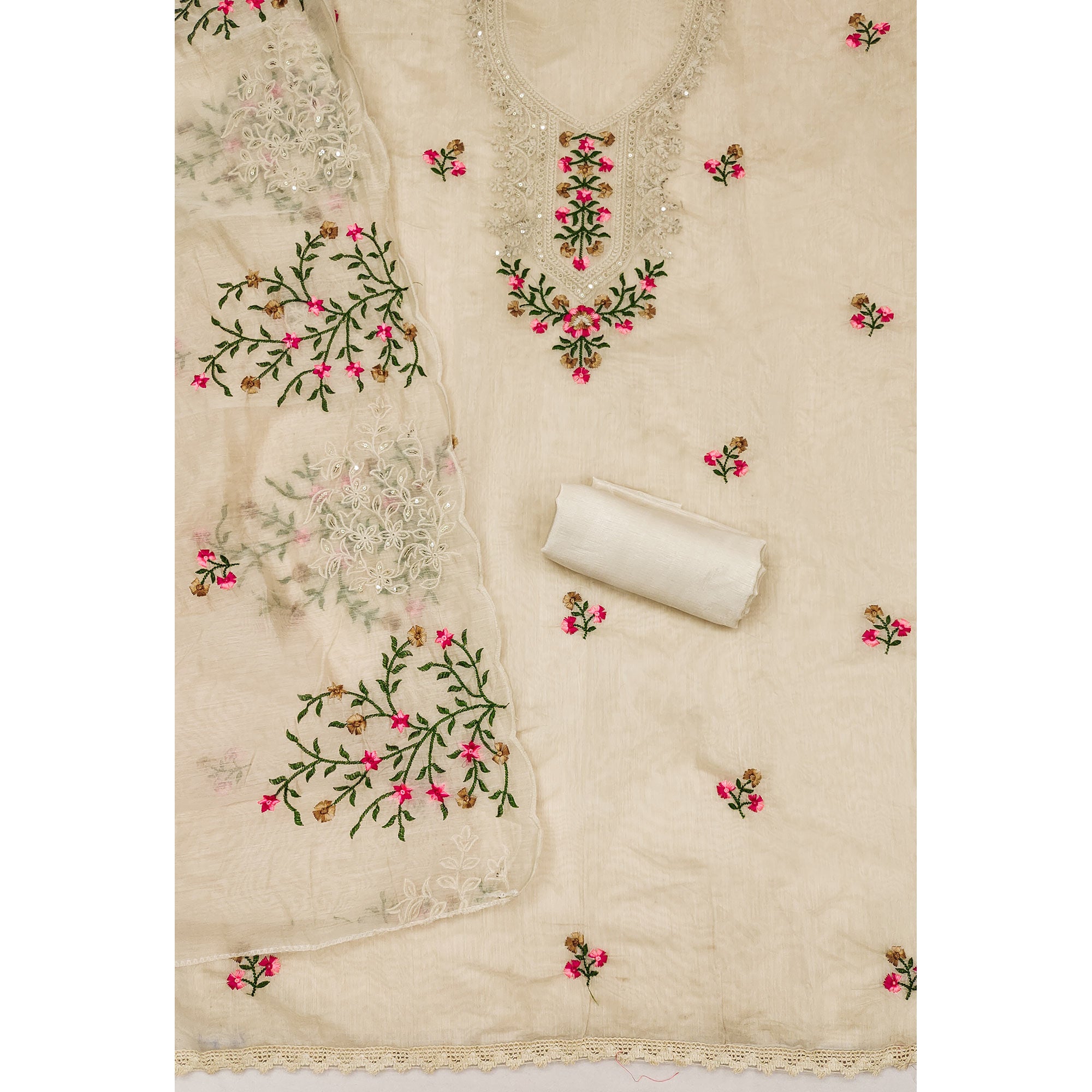 Cream Floral Embroidered Chanderi Dress Material