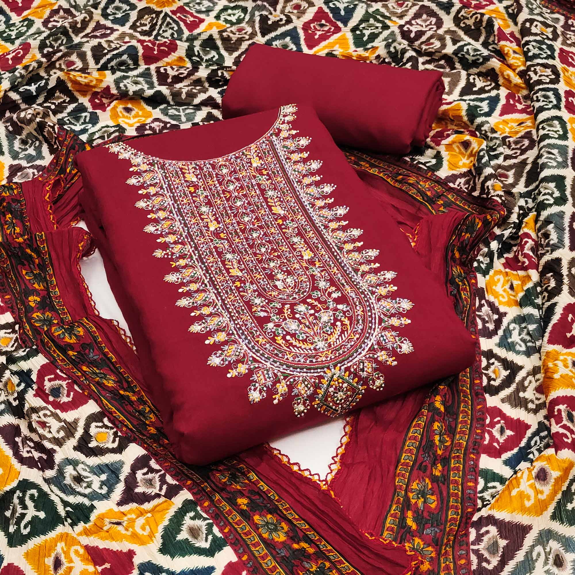 Maroon Embroidery With Diamond Rayon Dress Material