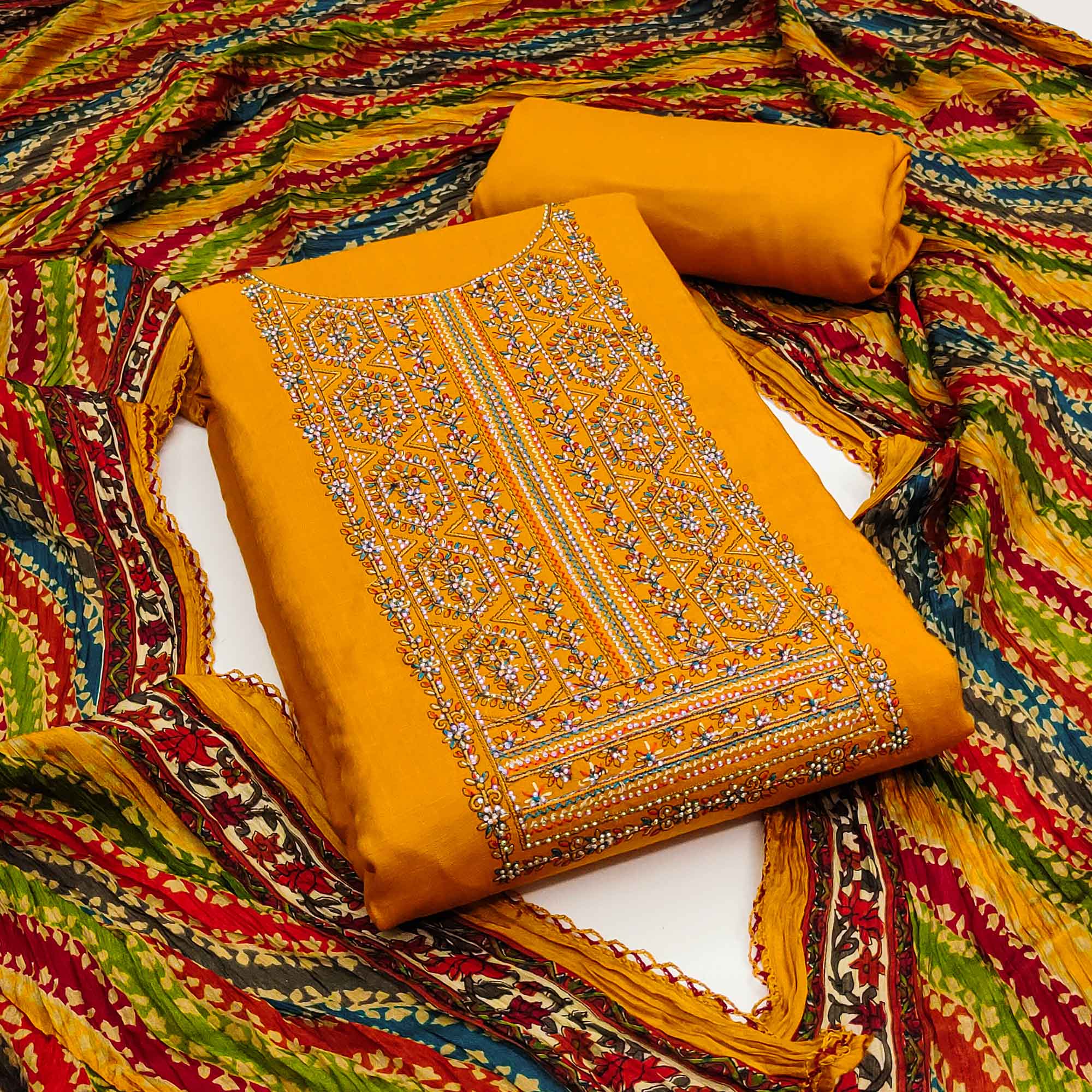 Mustard Embroidery With Diamond Rayon Dress Material