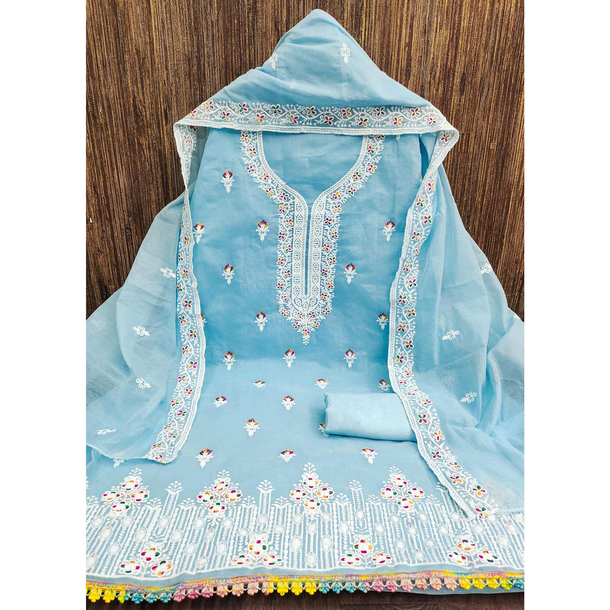 Blue Floral Embroidered Chanderi Dress Material