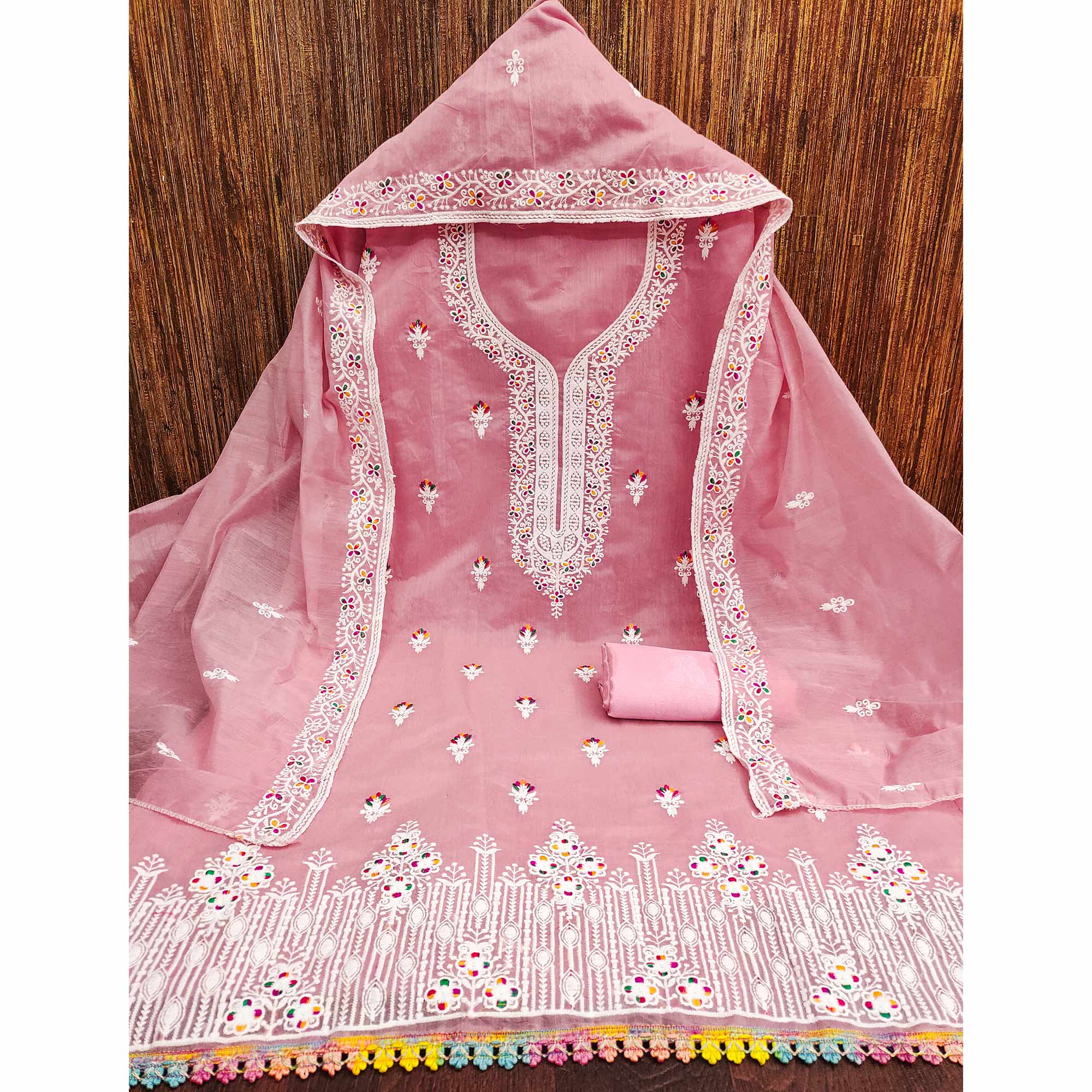 Light Pink Floral Embroidered Chanderi Dress Material