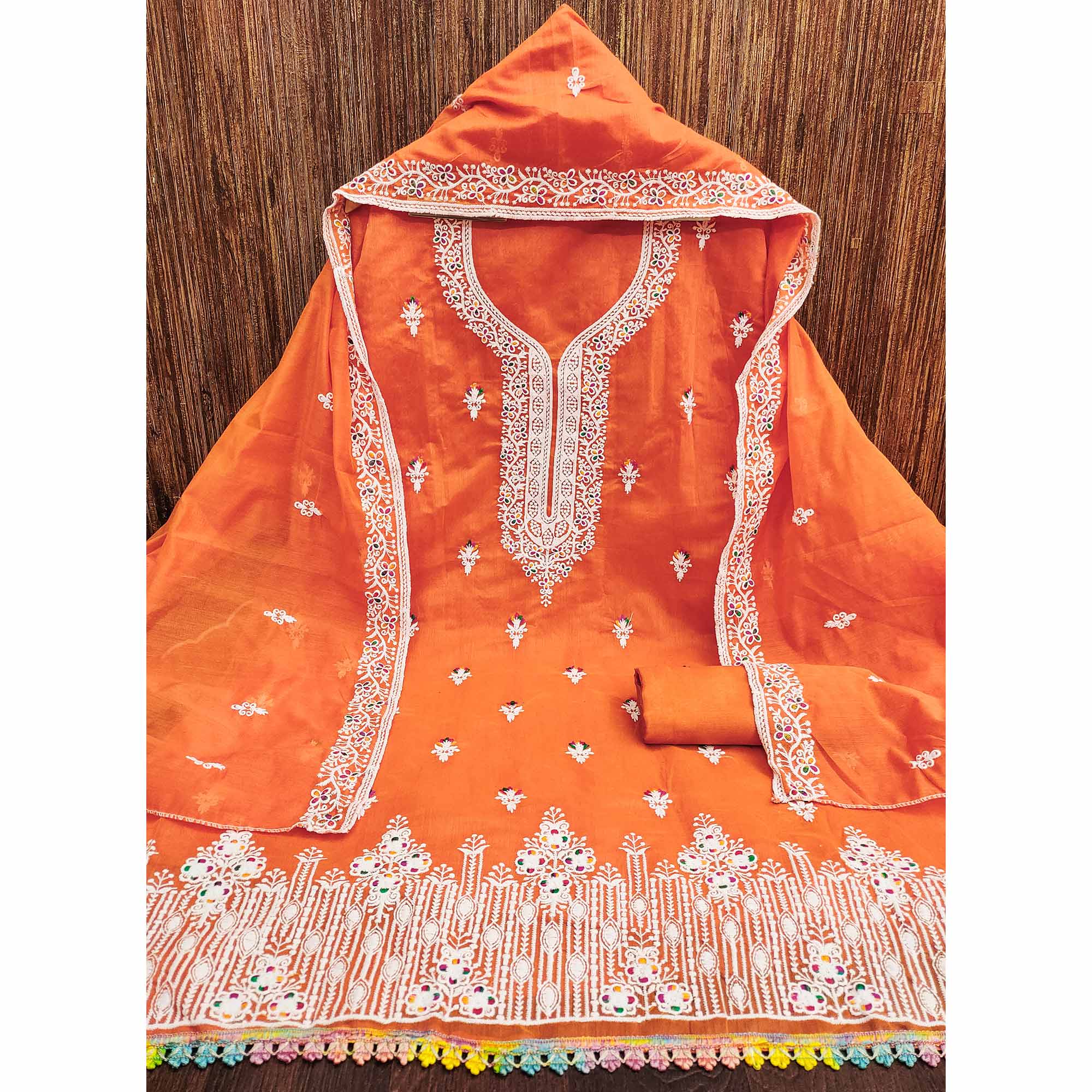 Orange Floral Embroidered Chanderi Dress Material