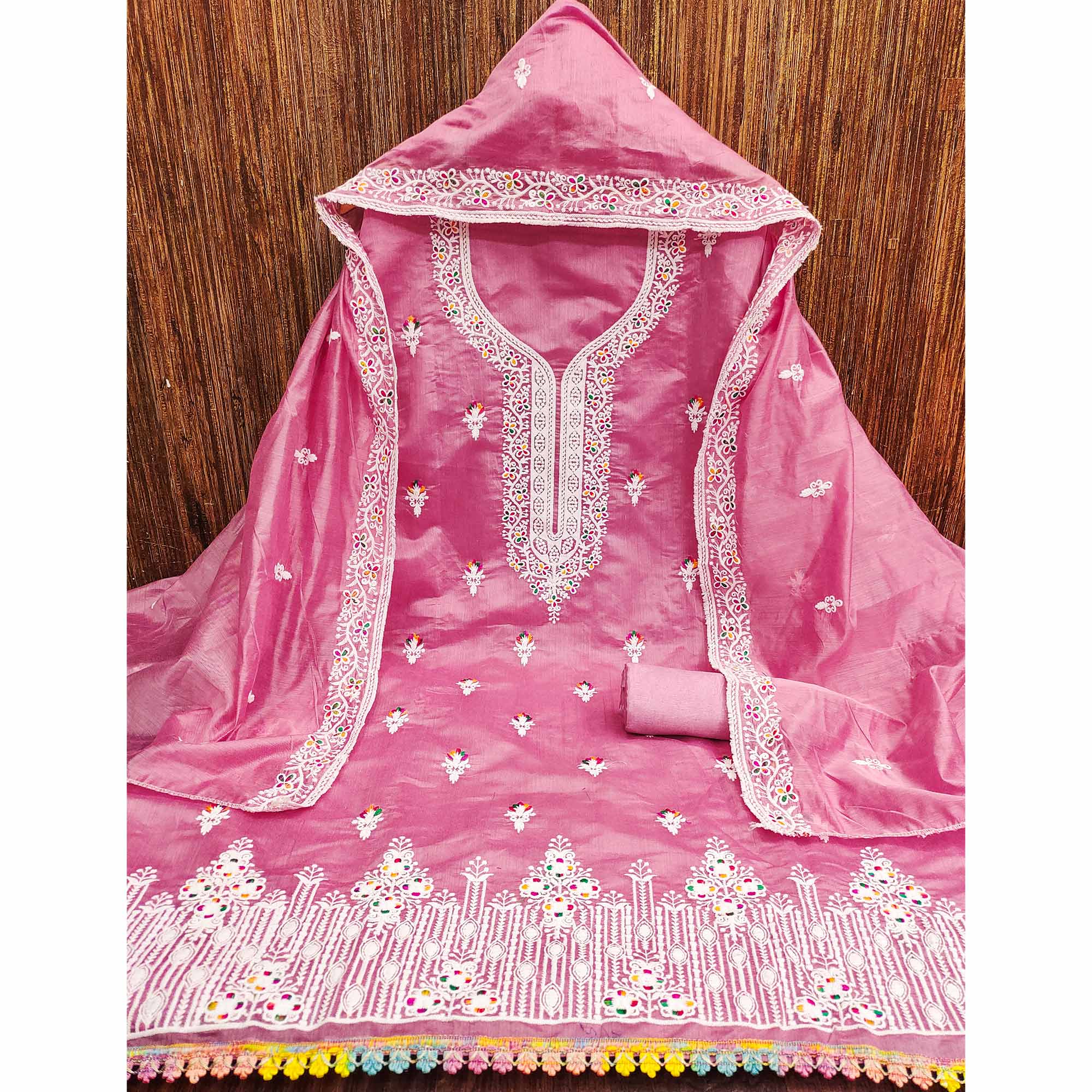 Pink Floral Embroidered Chanderi Dress Material