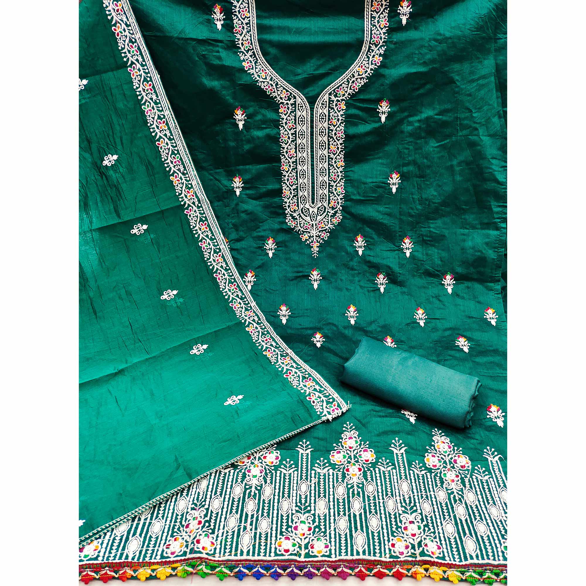 Rama Green Chanderi Silk Dress Material Beautified with Intricate Floral Thread Embroidery