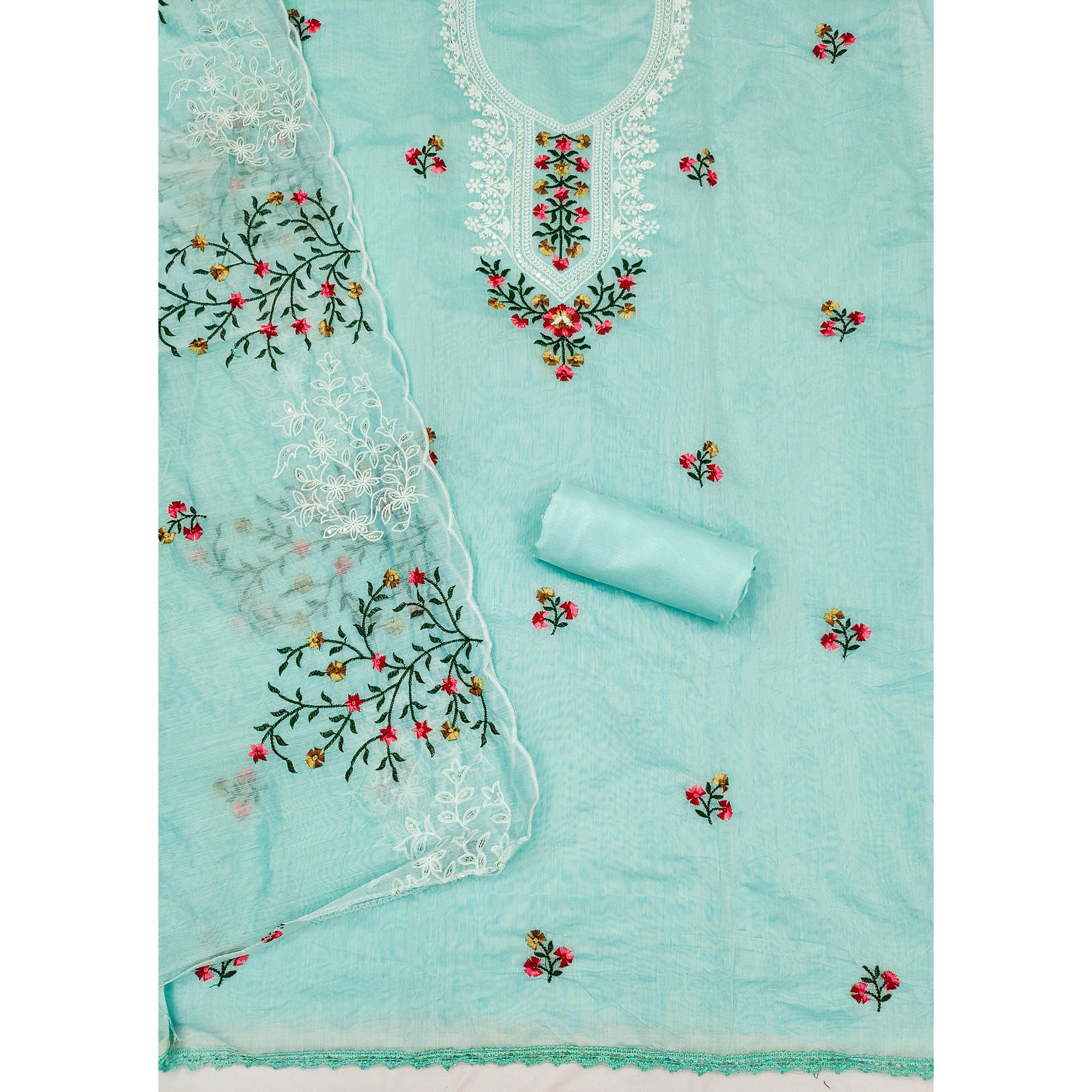 Blue Floral Sequins Embroidered Chanderi Dress Material