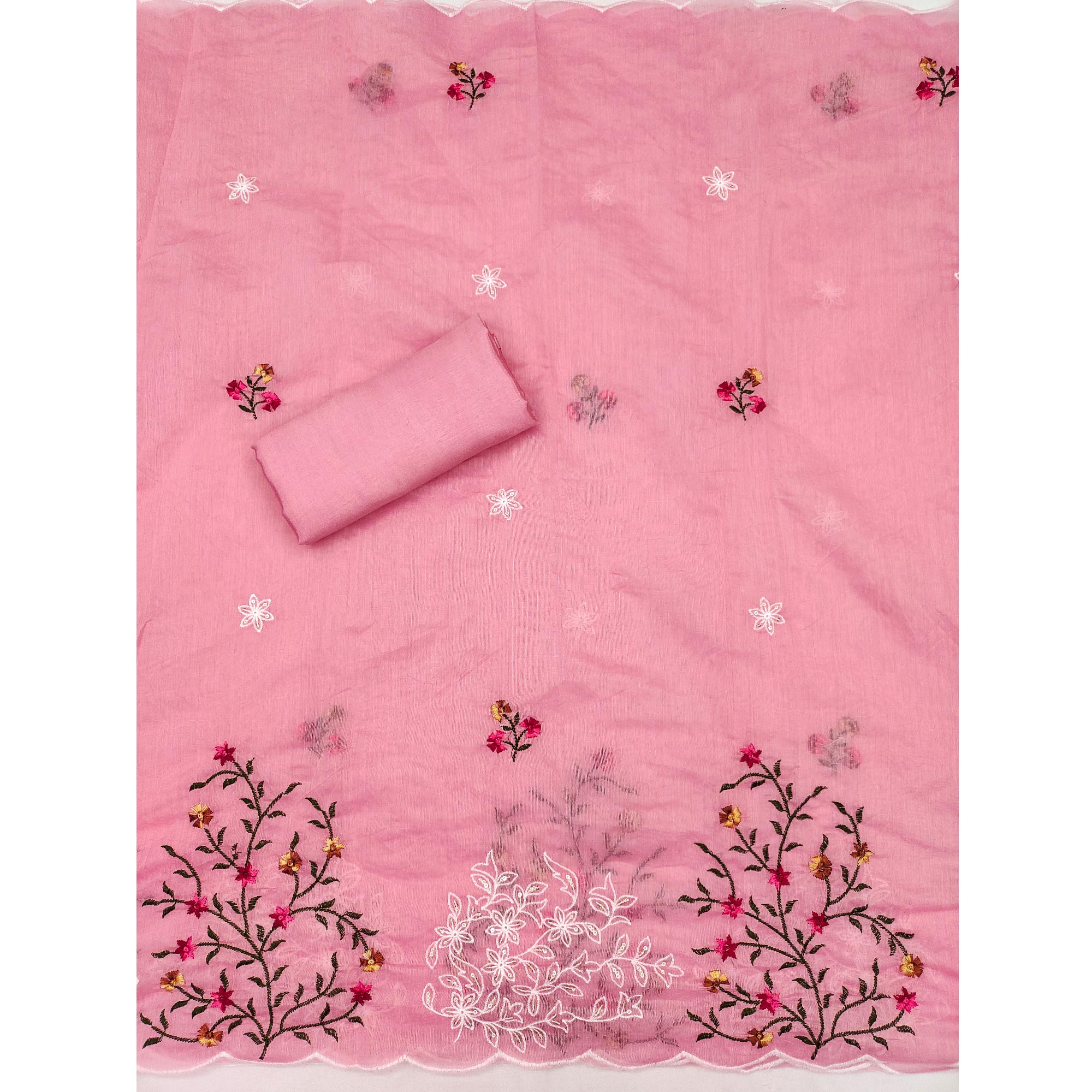 Pink Floral Sequins Embroidered Chanderi Dress Material