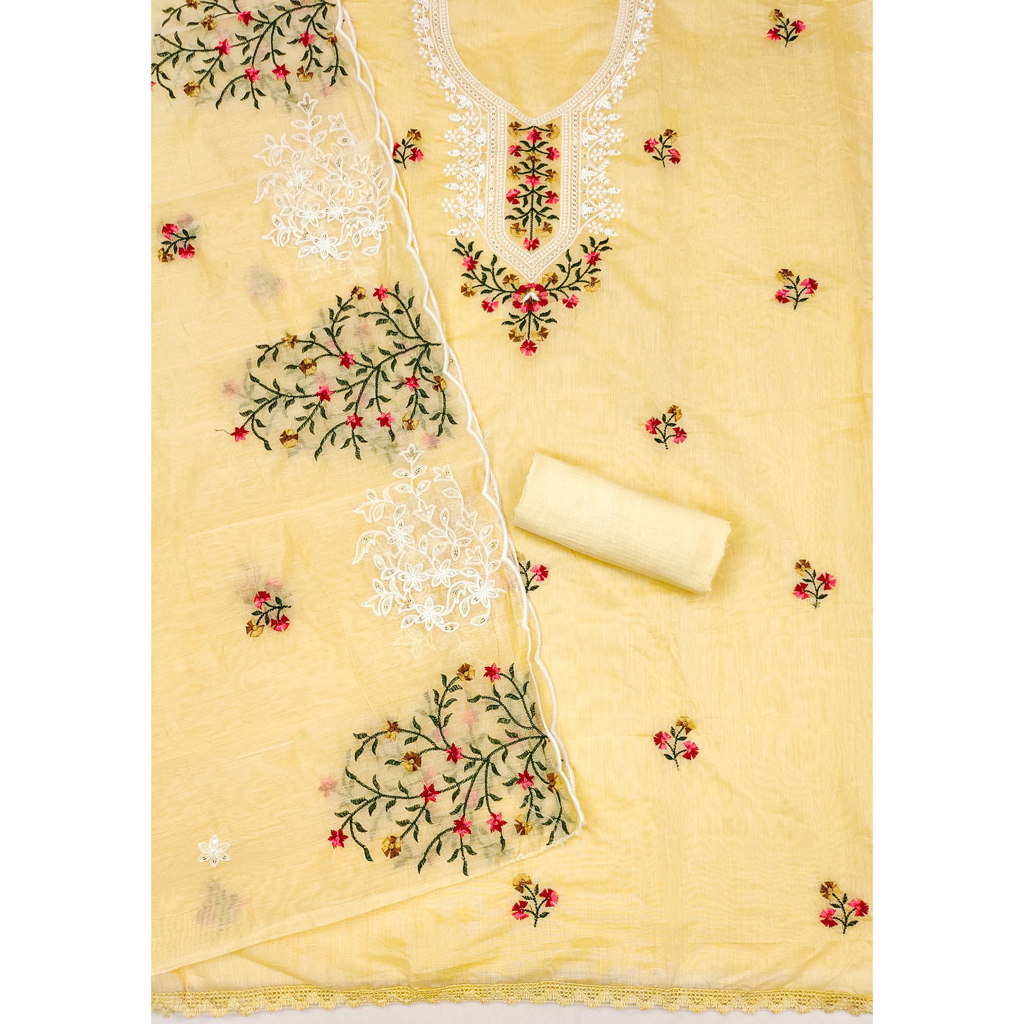 Yellow Floral Sequins Embroidered Chanderi Dress Material