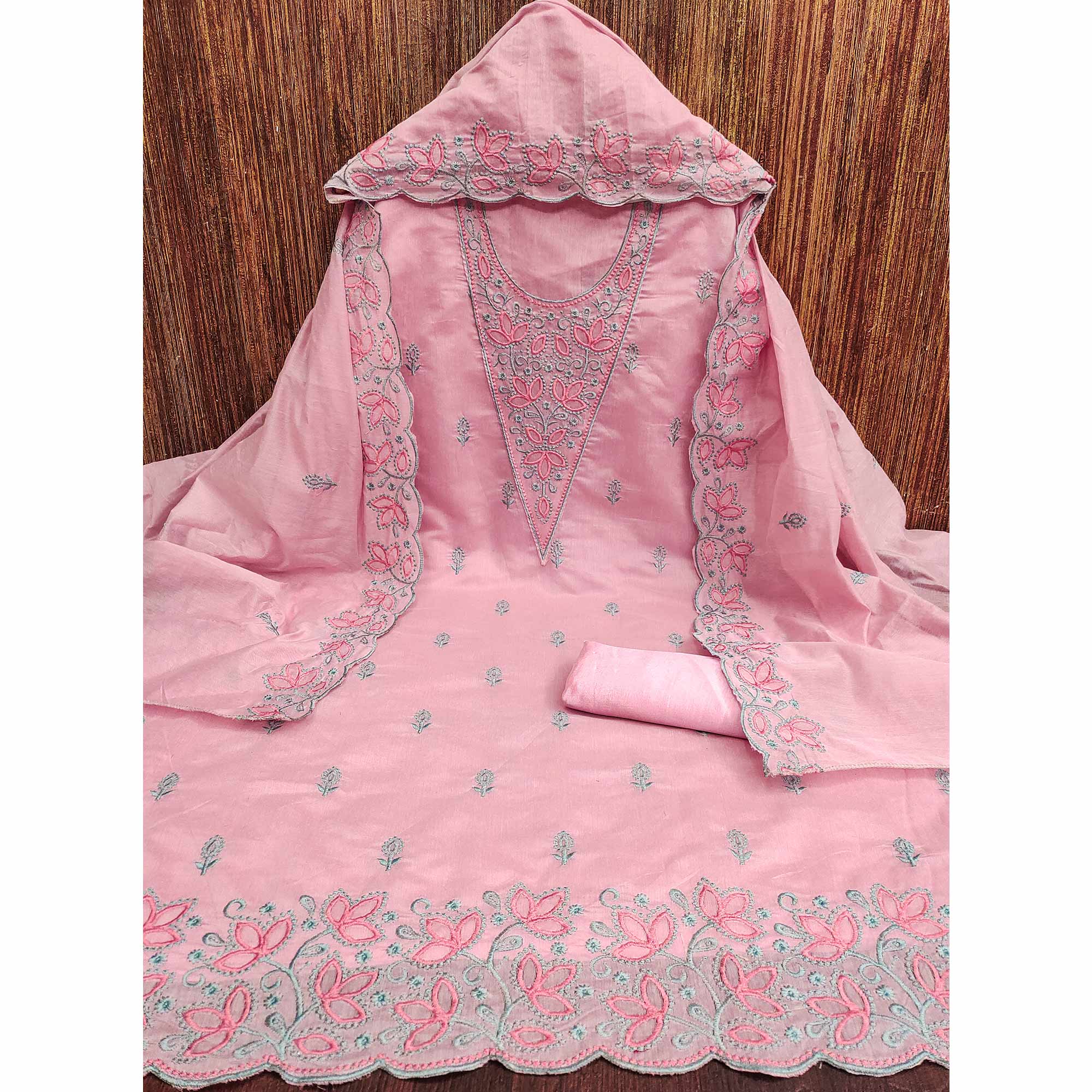 Pink Floral Embroidered Chanderi Dress Material
