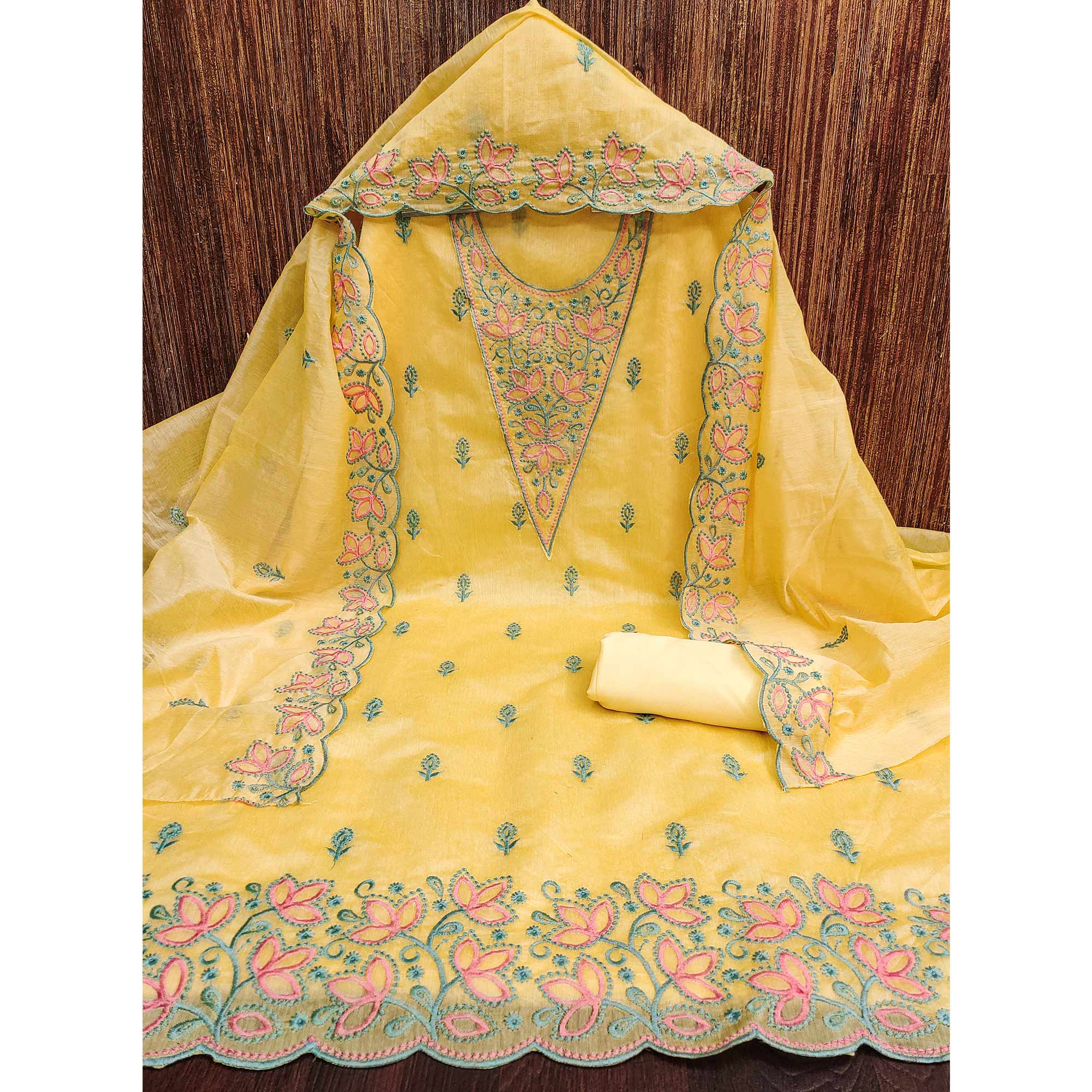 Yellow Floral Embroidered Chanderi Dress Material