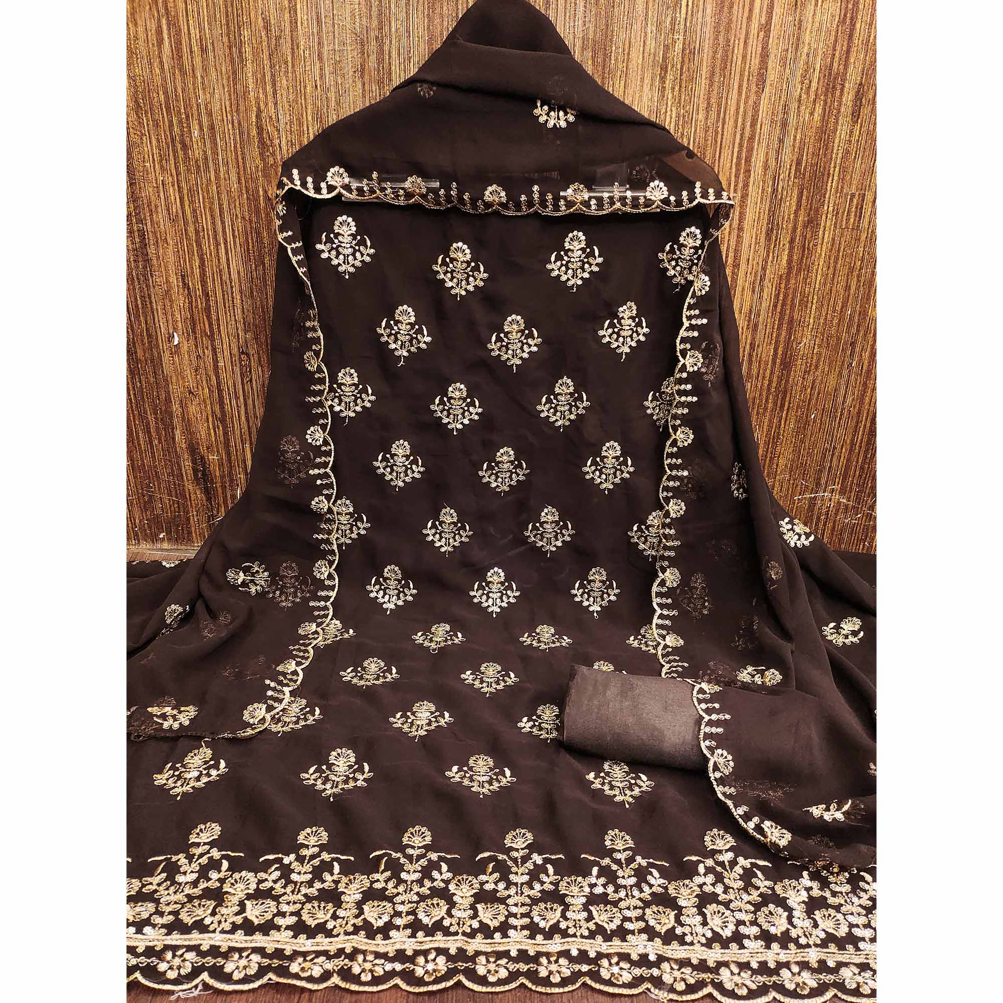Brown Floral Sequins Embroidered Georgette Dress Material