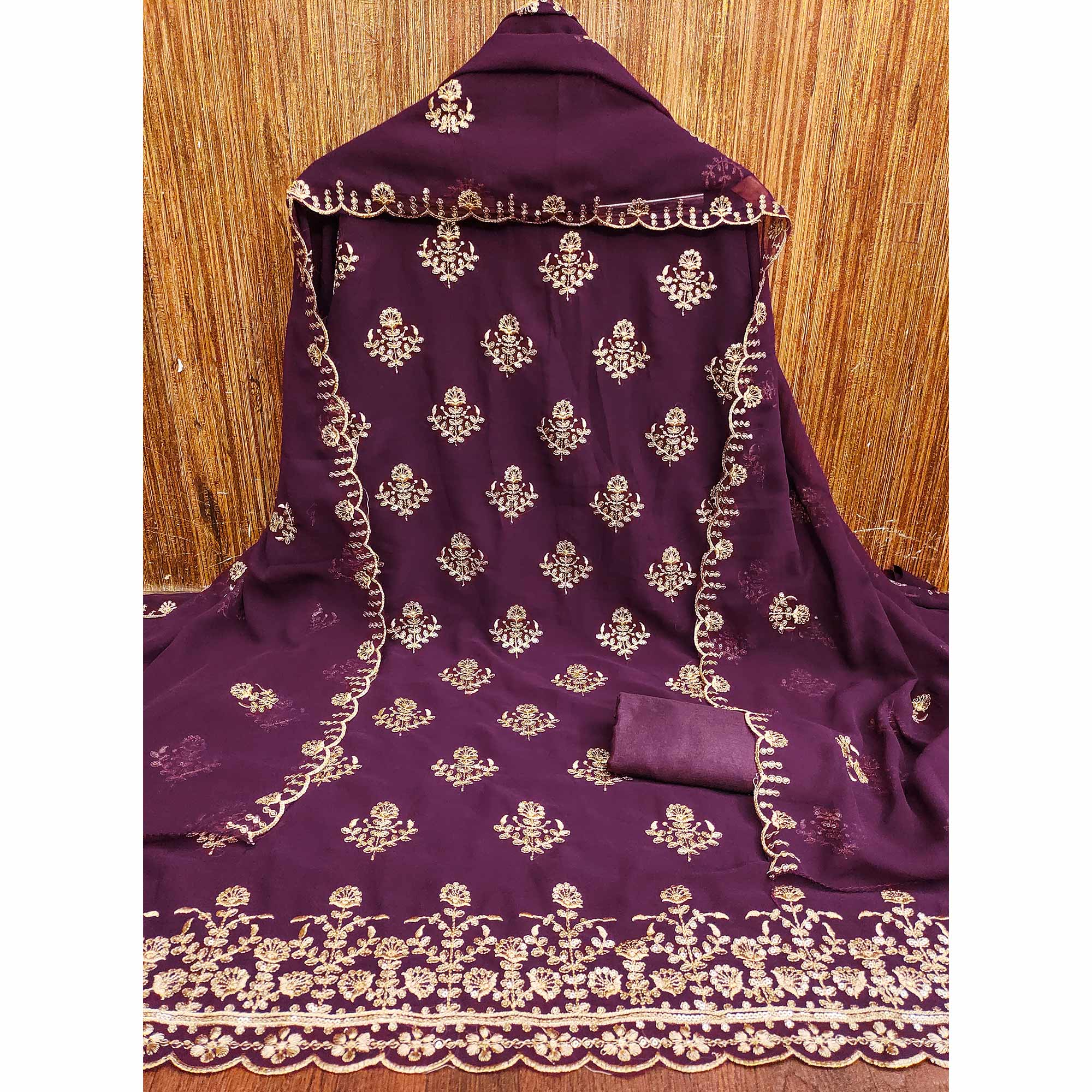 Wine Floral Sequins Embroidered Georgette Dress Material