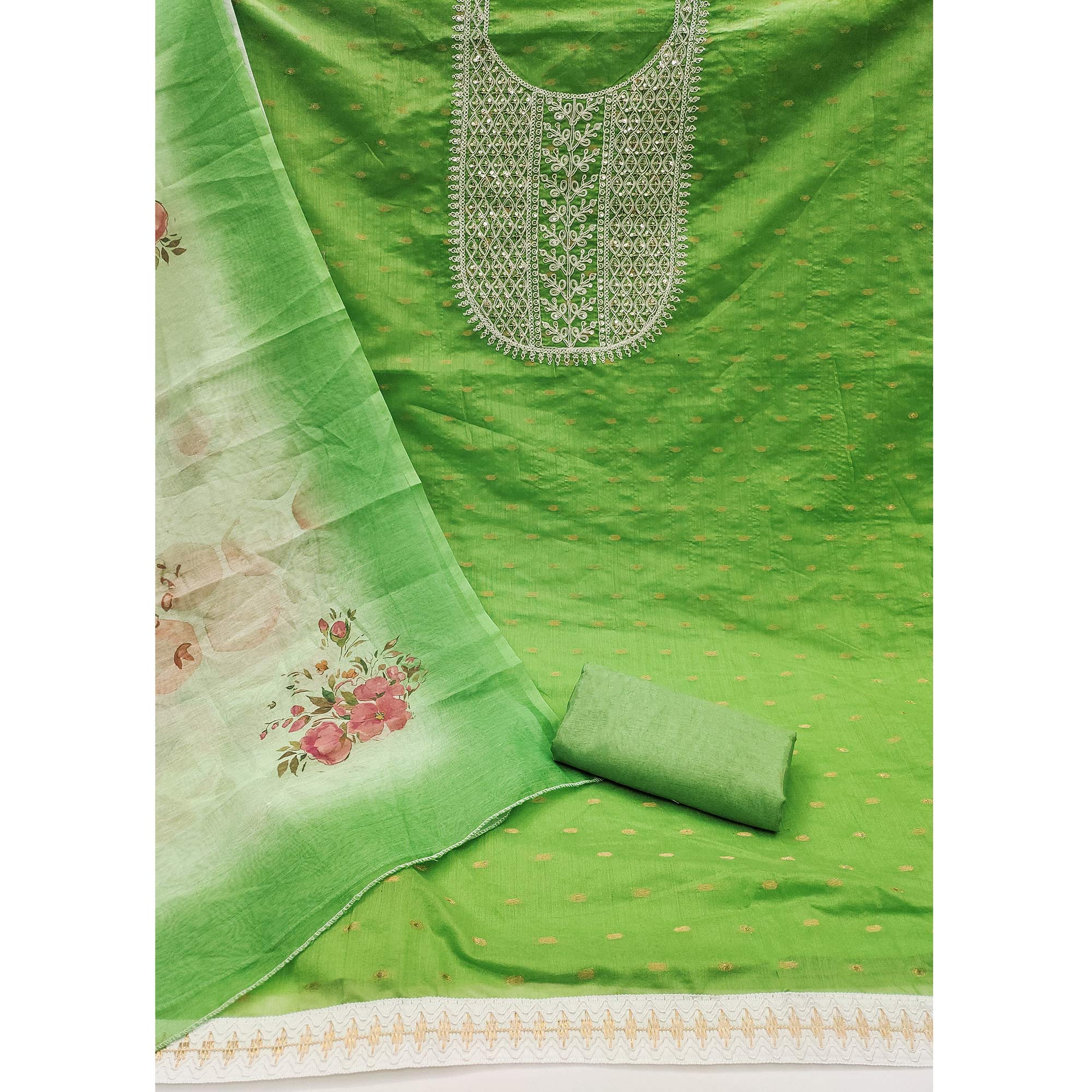 Green Woven With Sequins Embroidered Chanderi Dress Material