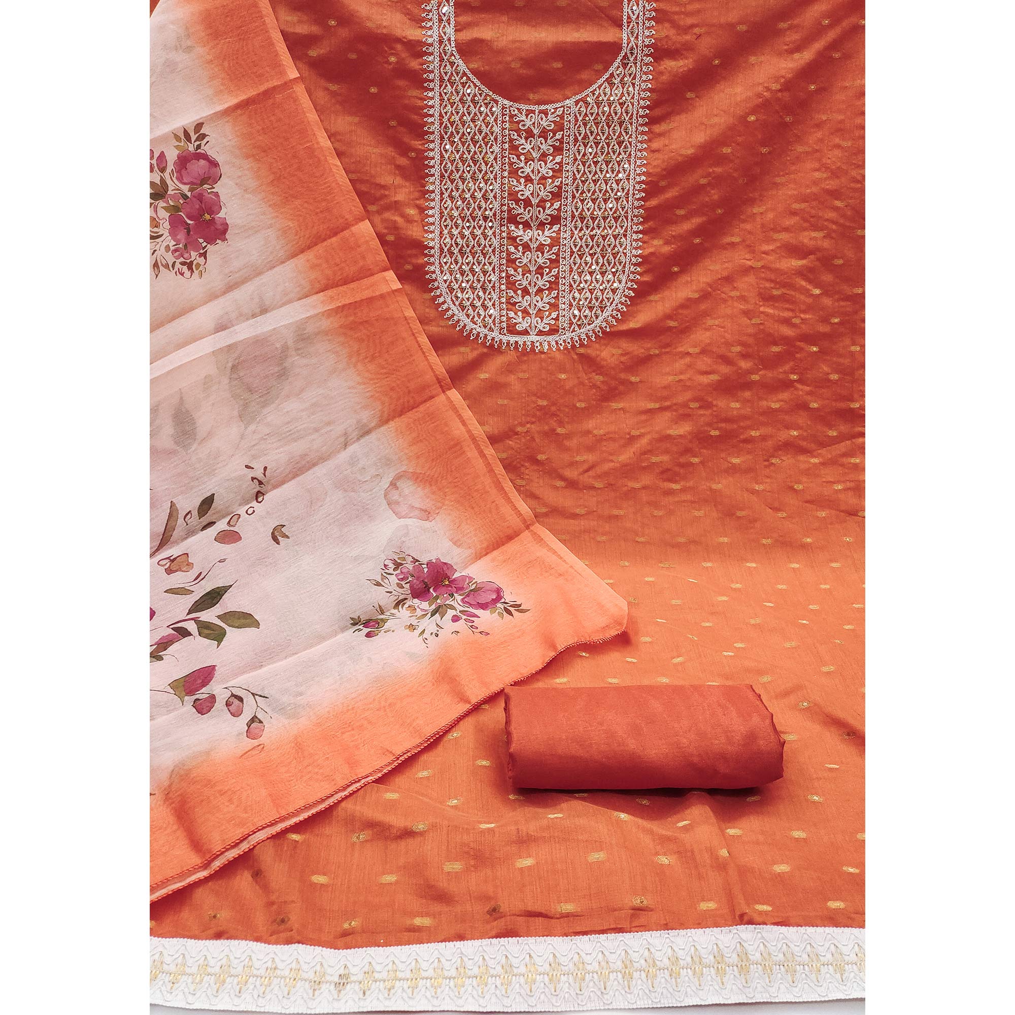 Orange Woven With Sequins Embroidered Chanderi Dress Material