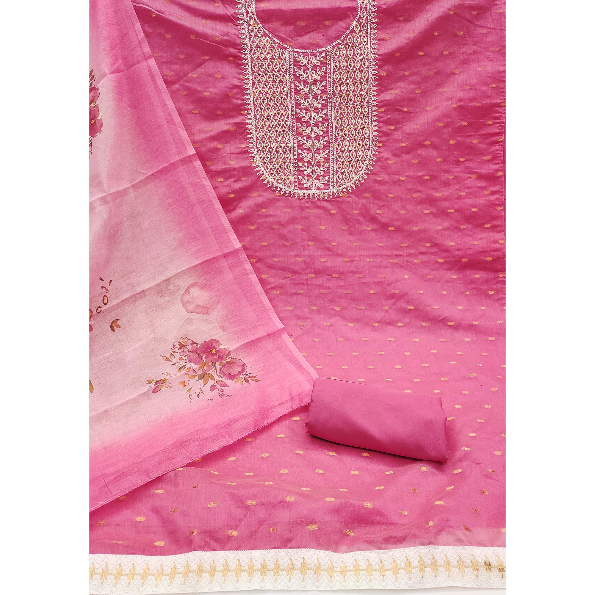 Pink Woven With Sequins Embroidered Chanderi Dress Material