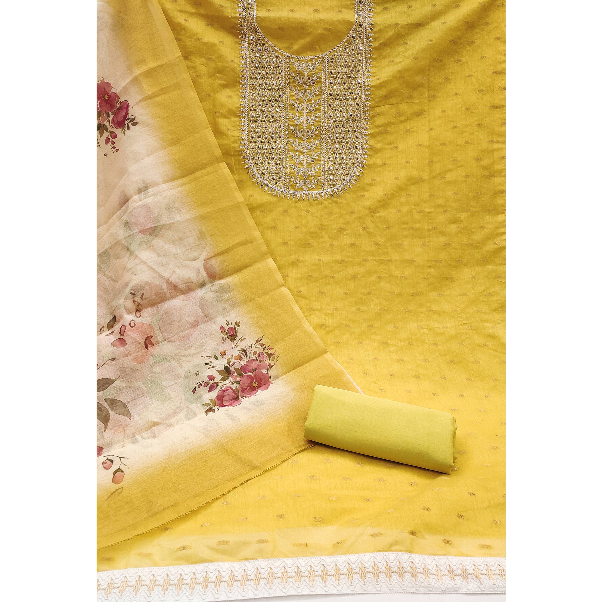 Yellow Woven With Sequins Embroidered Chanderi Dress Material