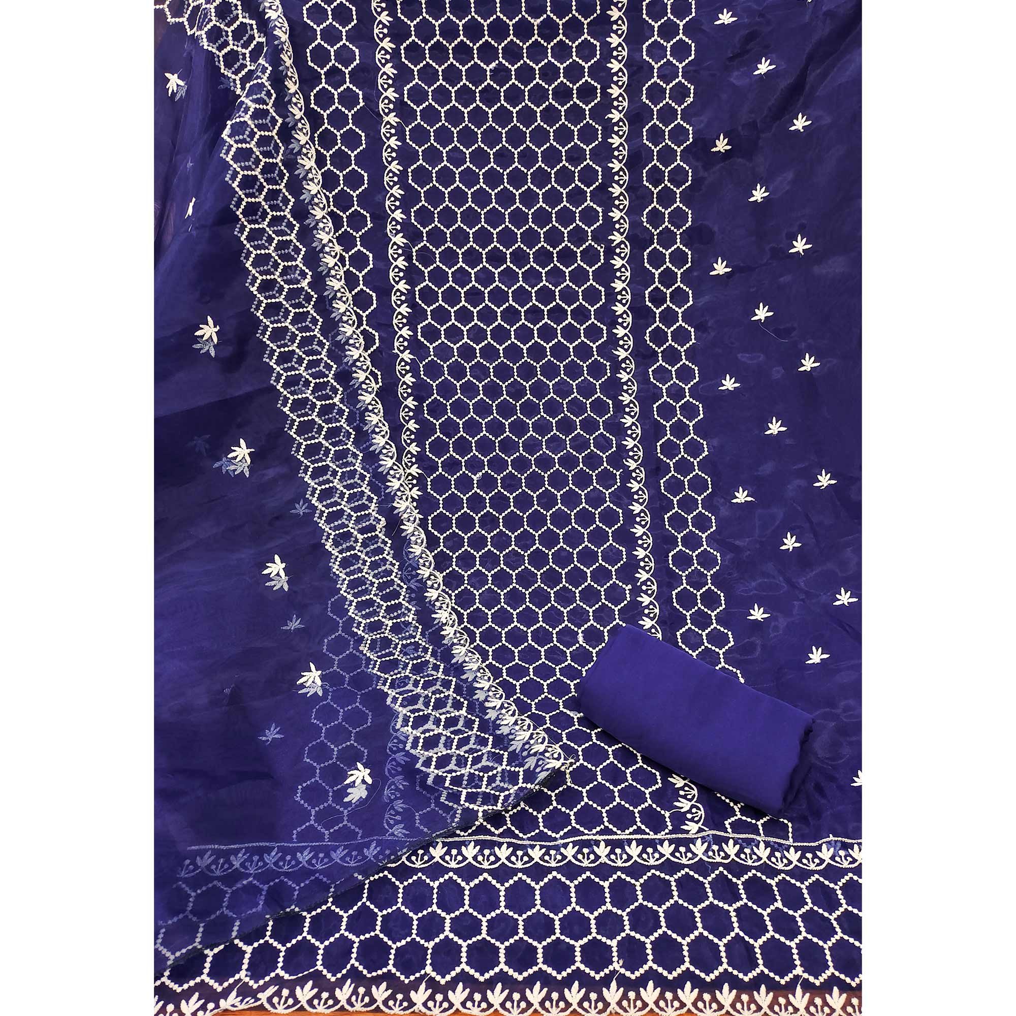 Blue Embroidered Organza Dress Material