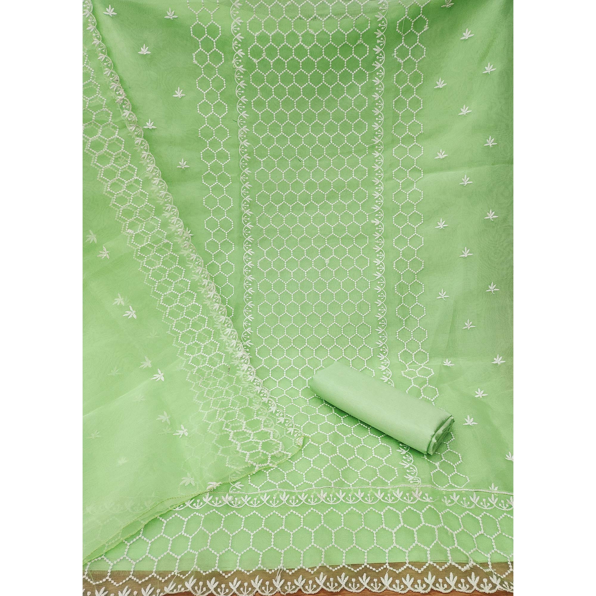 Green Embroidered Organza Dress Material