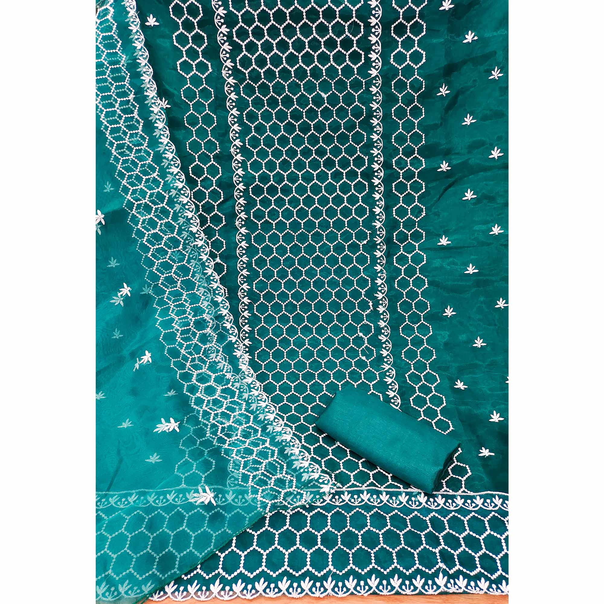 Teal Embroidered Organza Dress Material