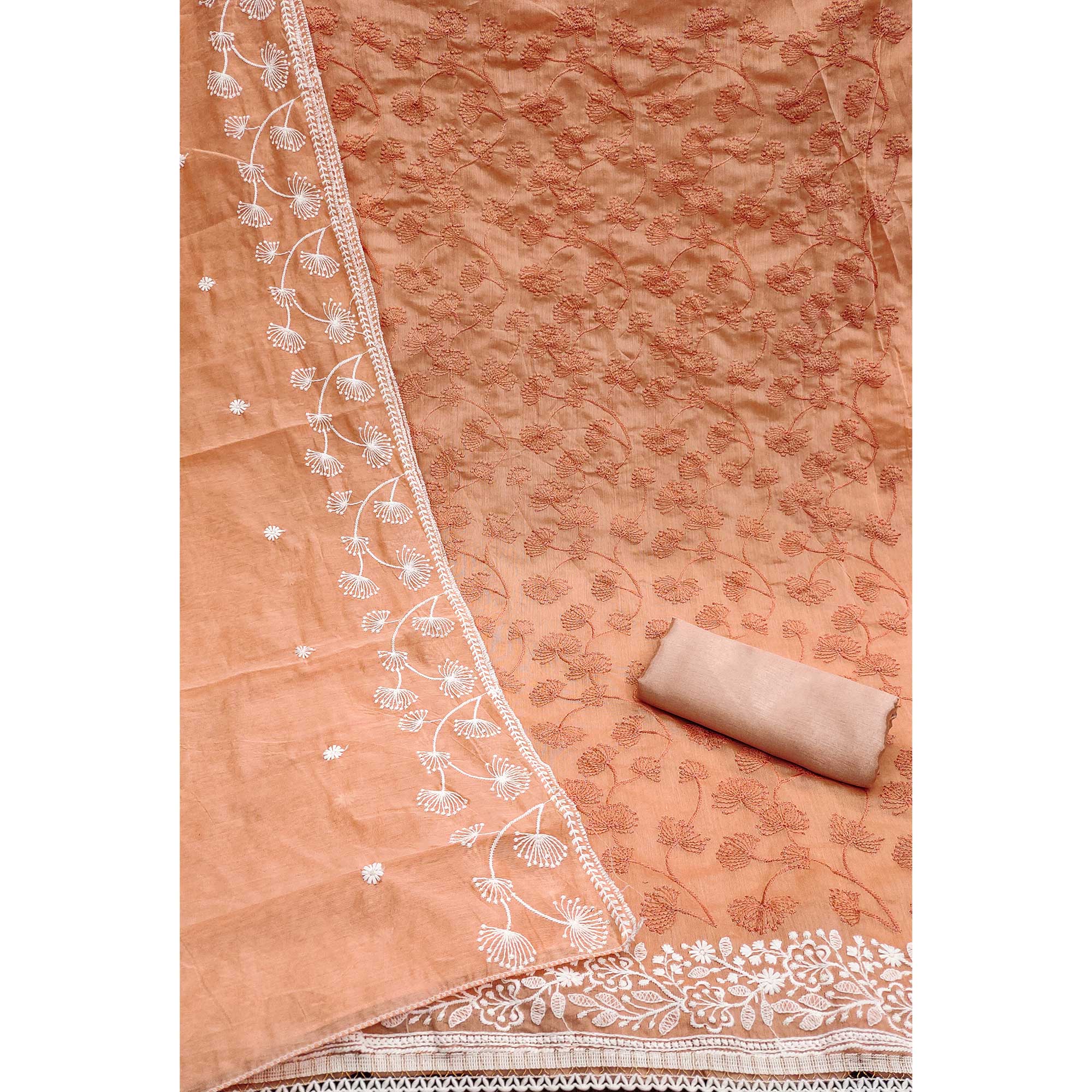 Peach Floral Embroidered Chanderi Dress Material