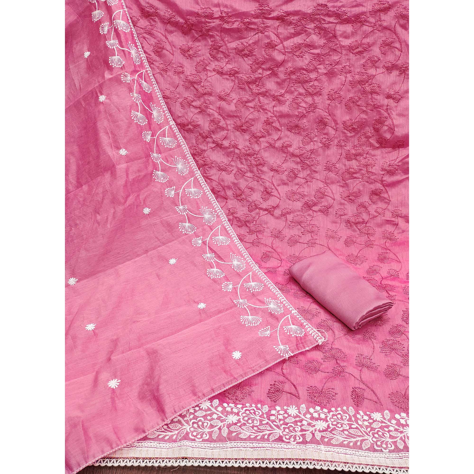 Pink Floral Embroidered Chanderi Dress Material