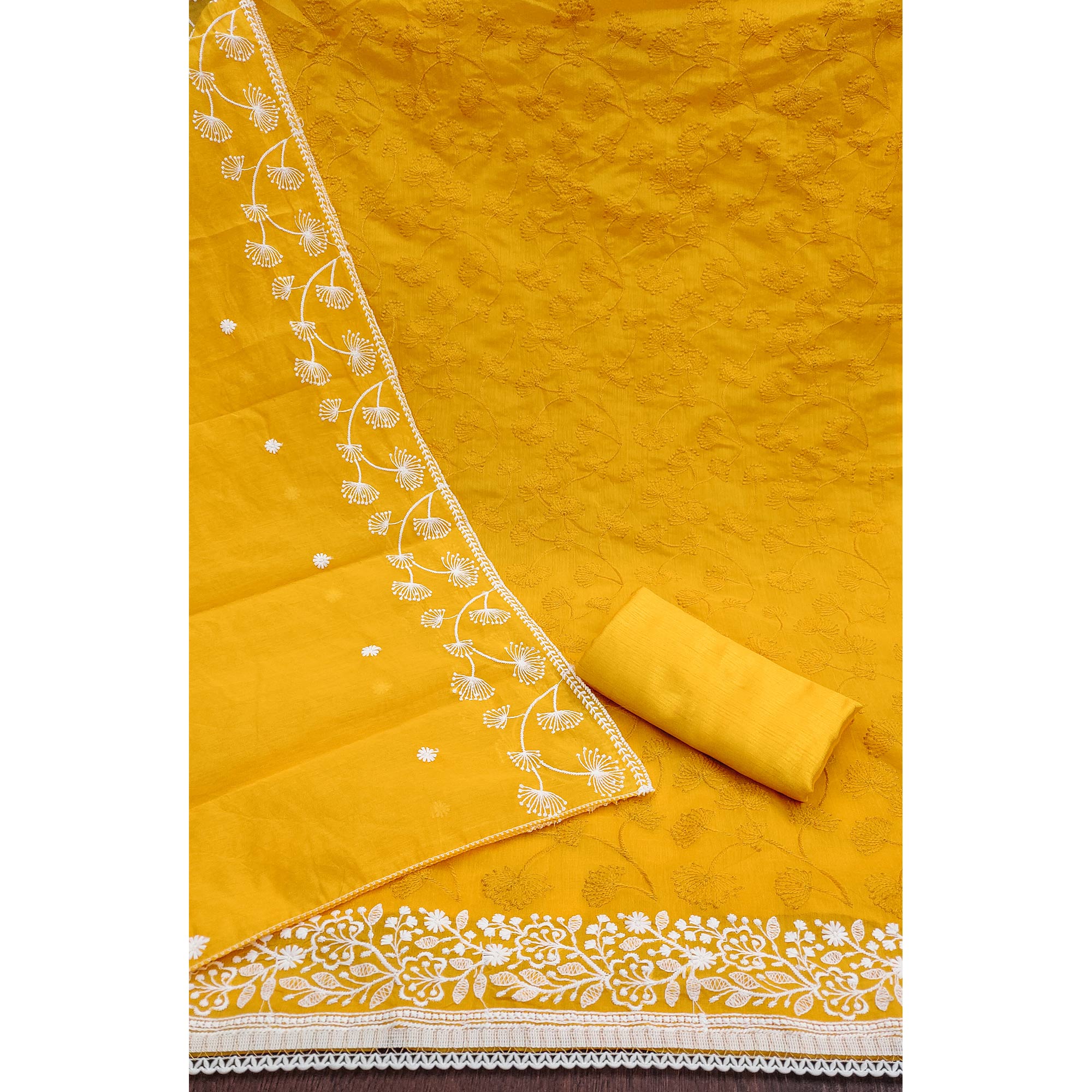 Yellow Floral Embroidered Chanderi Dress Material