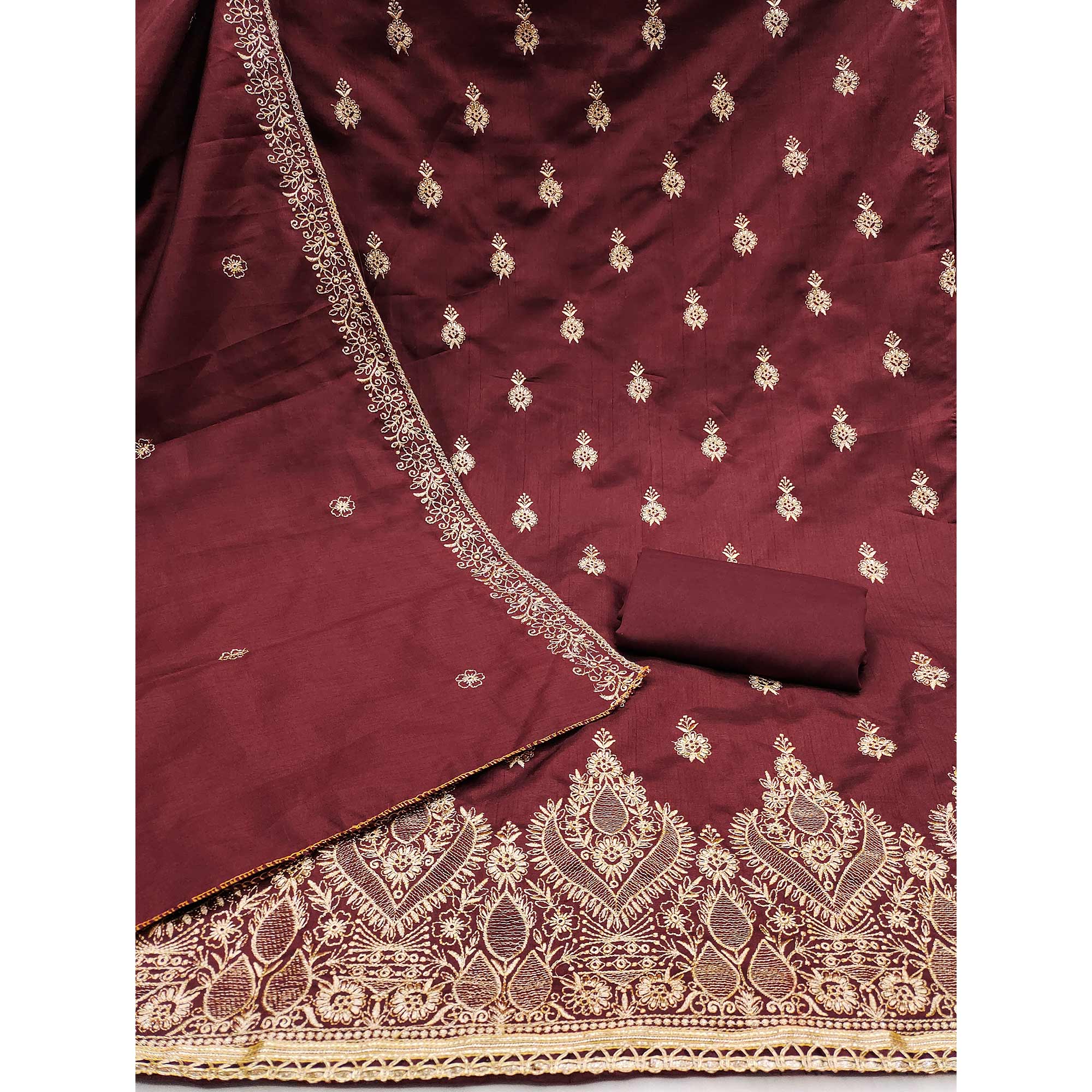 Maroon Floral Embroidered Cotton Blend Dress Material
