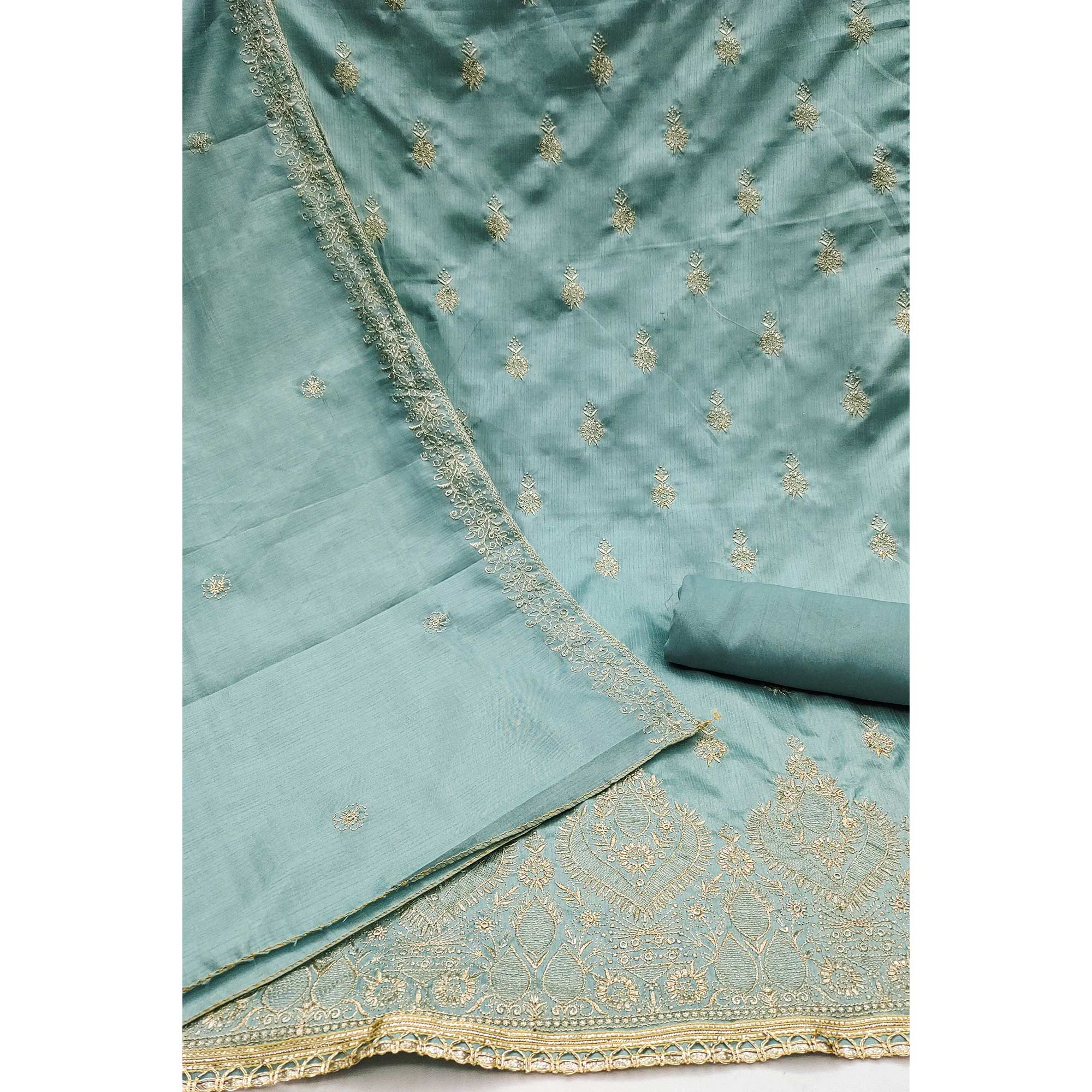 Turquoise Floral Embroidered Cotton Blend Dress Material