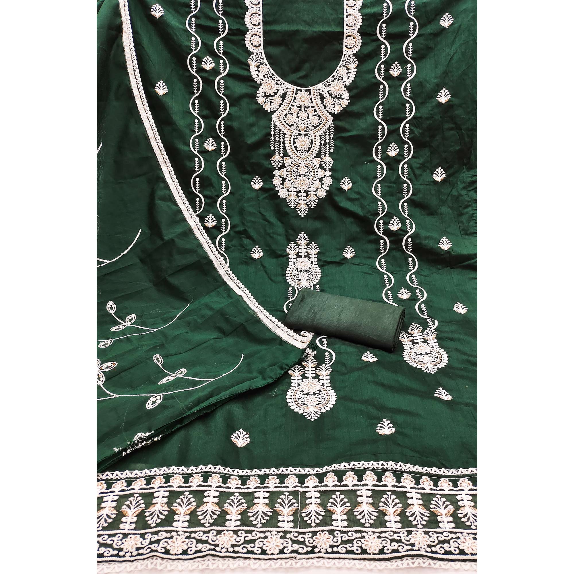 Bottle Green Floral Embroidered Chanderi Dress Material