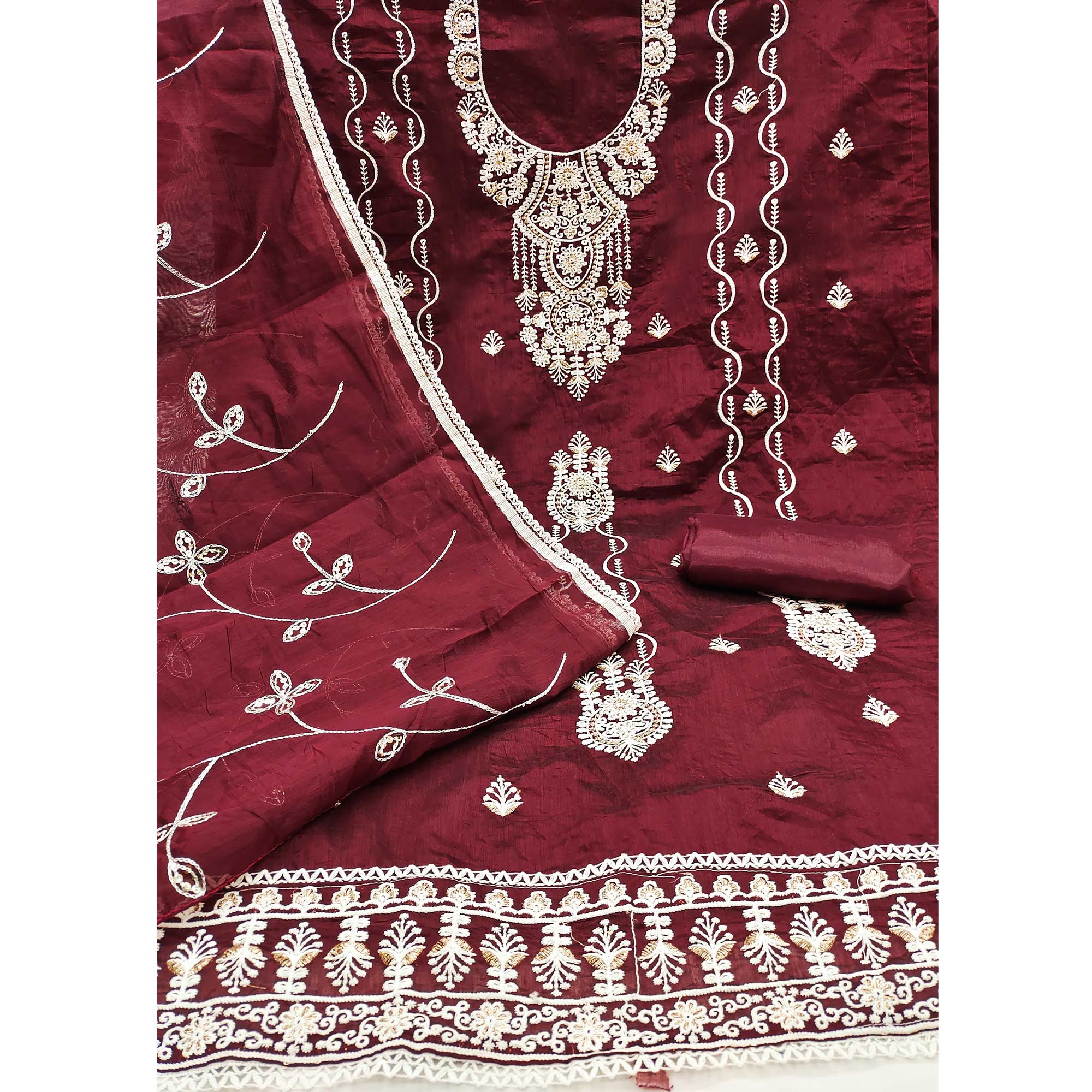 Maroon Floral Embroidered Chanderi Dress Material