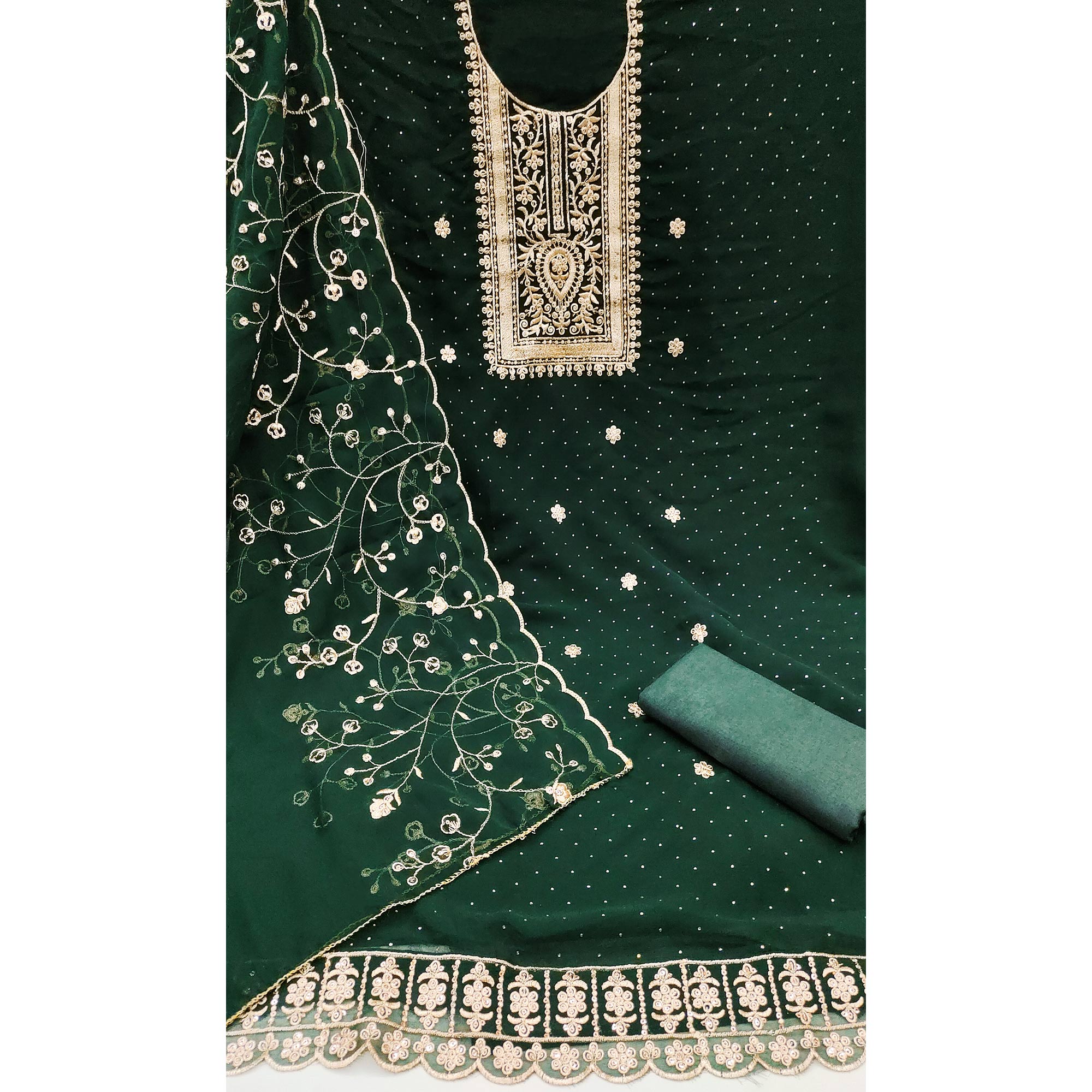 Green Floral Embroidery With Stonework Georgette Dress Material