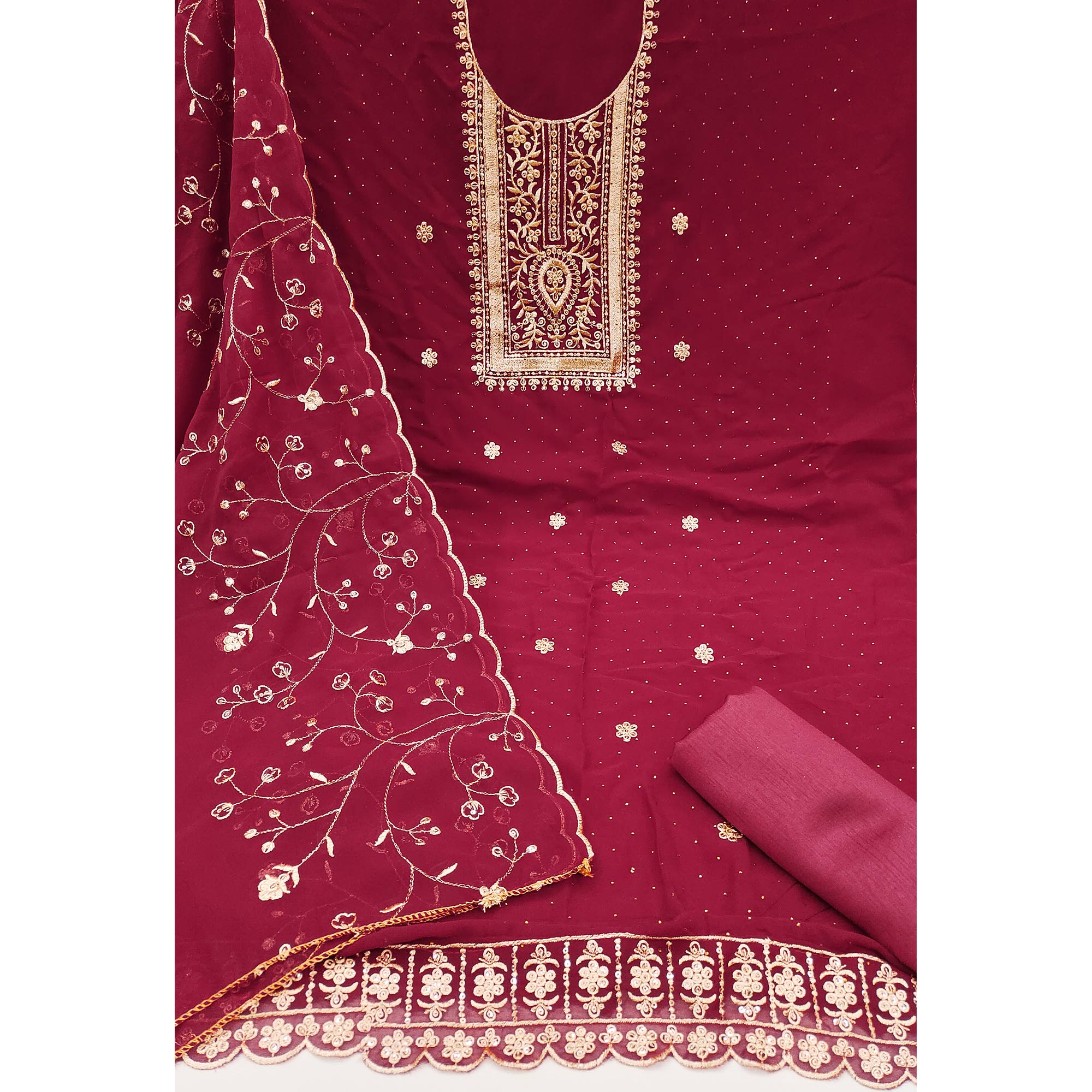 Maroon Floral Embroidery With Stonework Georgette Dress Material