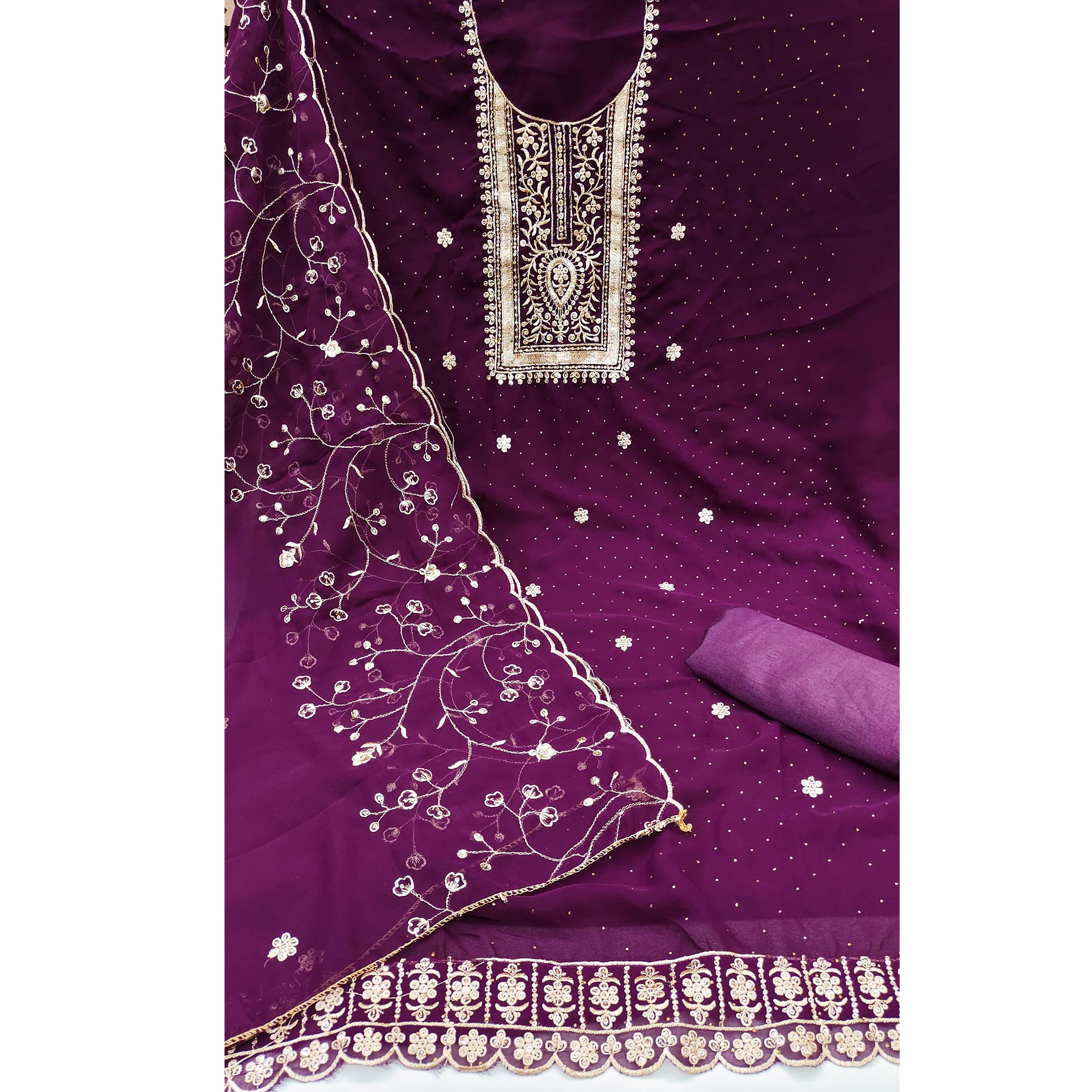 Purple Floral Embroidery With Stonework Georgette Dress Material