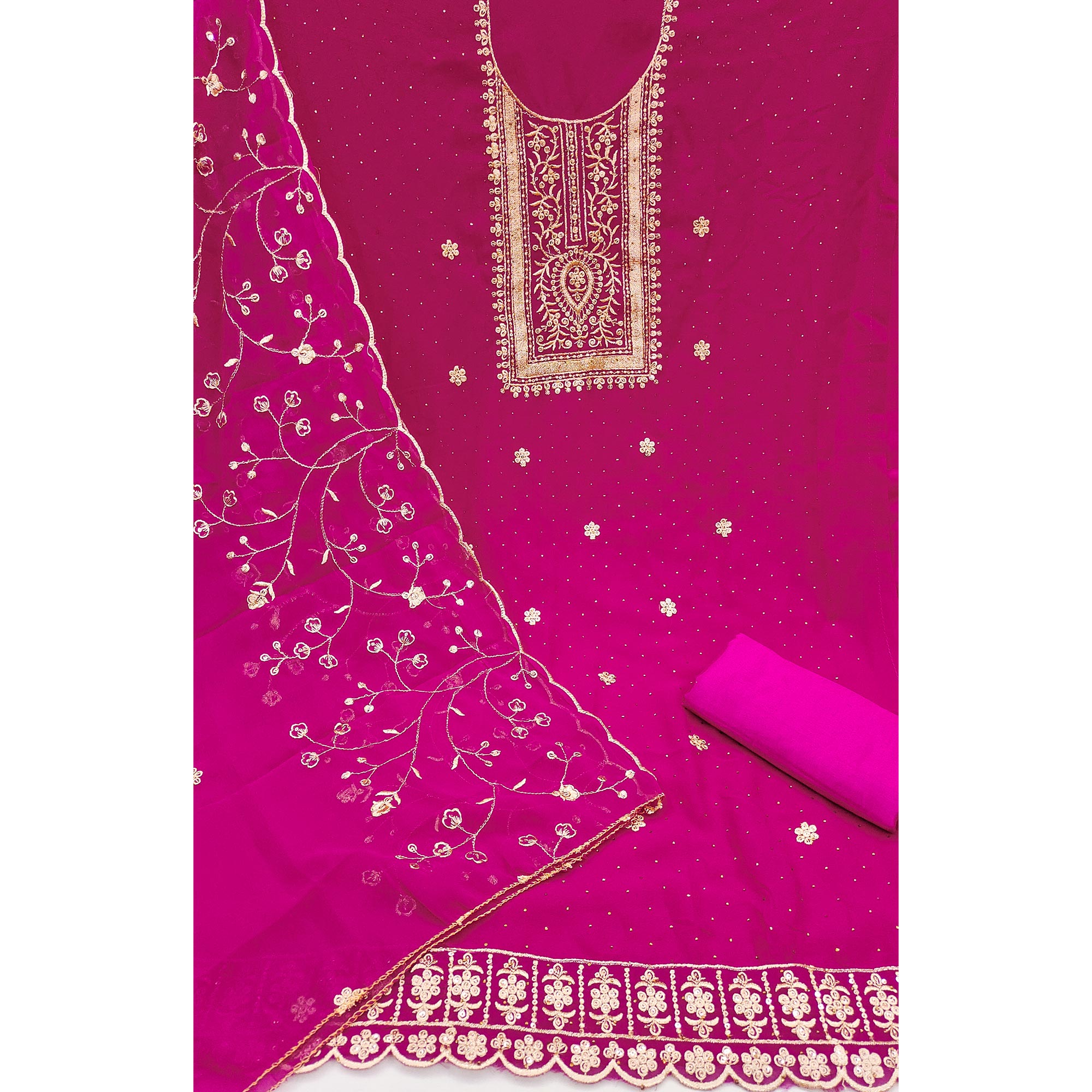 Rani Pink Floral Embroidery With Stonework Georgette Dress Material