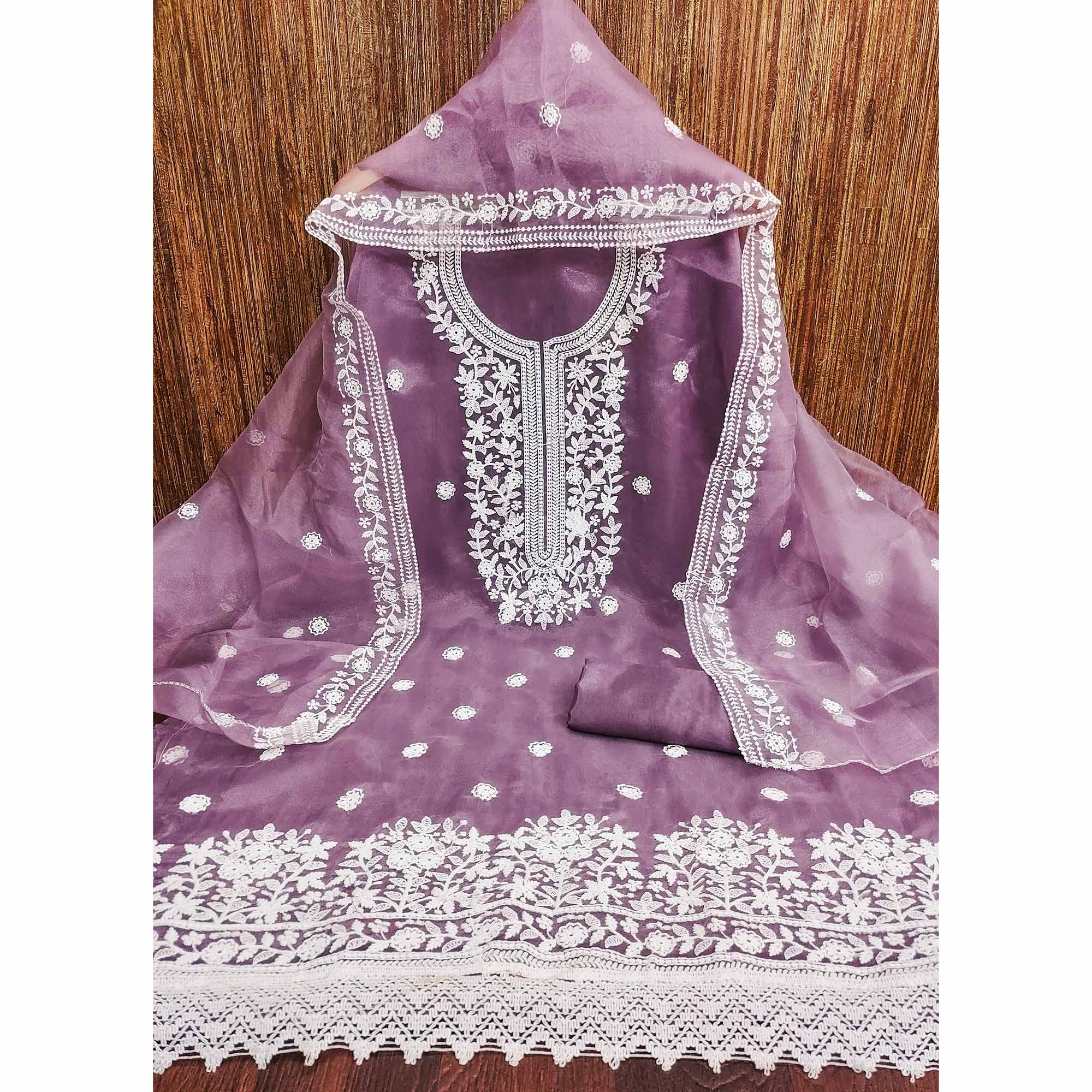 An Ethereal Charm Purple Floral Thread Embroidered Organza Dress Material