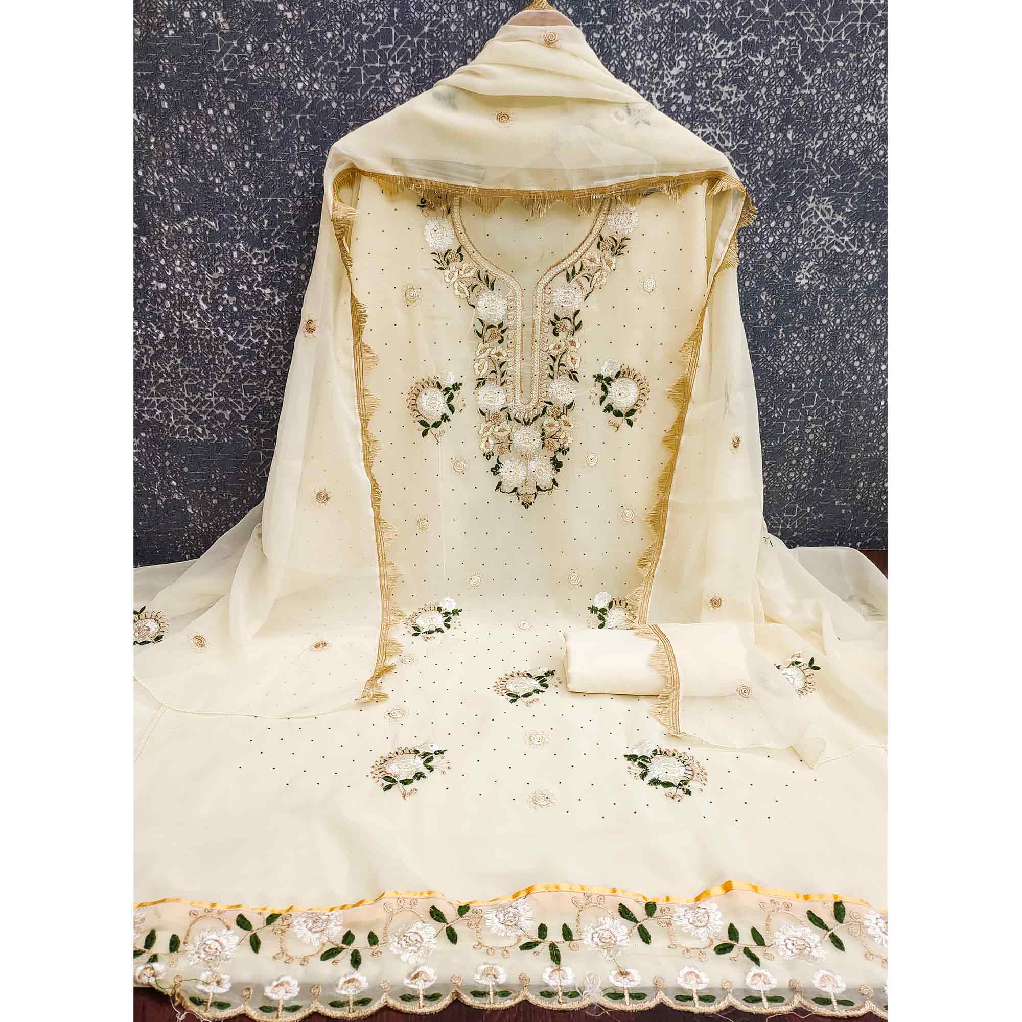 Cream Georgette Dress Material With Exquisite Floral Embroidery & Shimmering Stonework