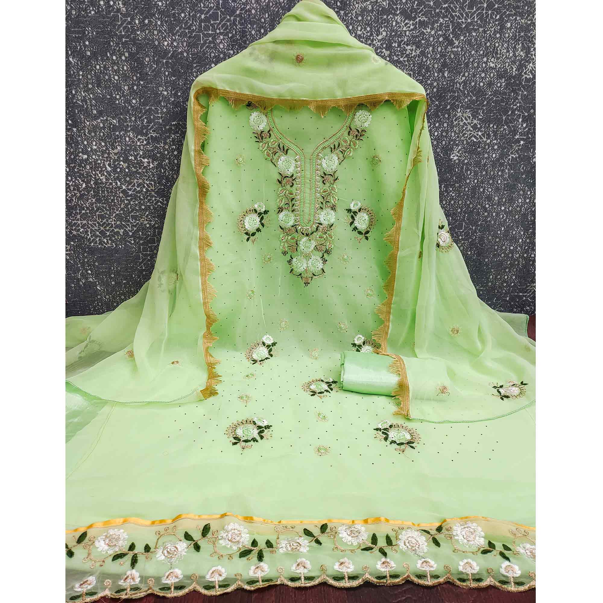 Pista Green Georgette Dress Material With Exquisite Floral Embroidery & Shimmering Stonework
