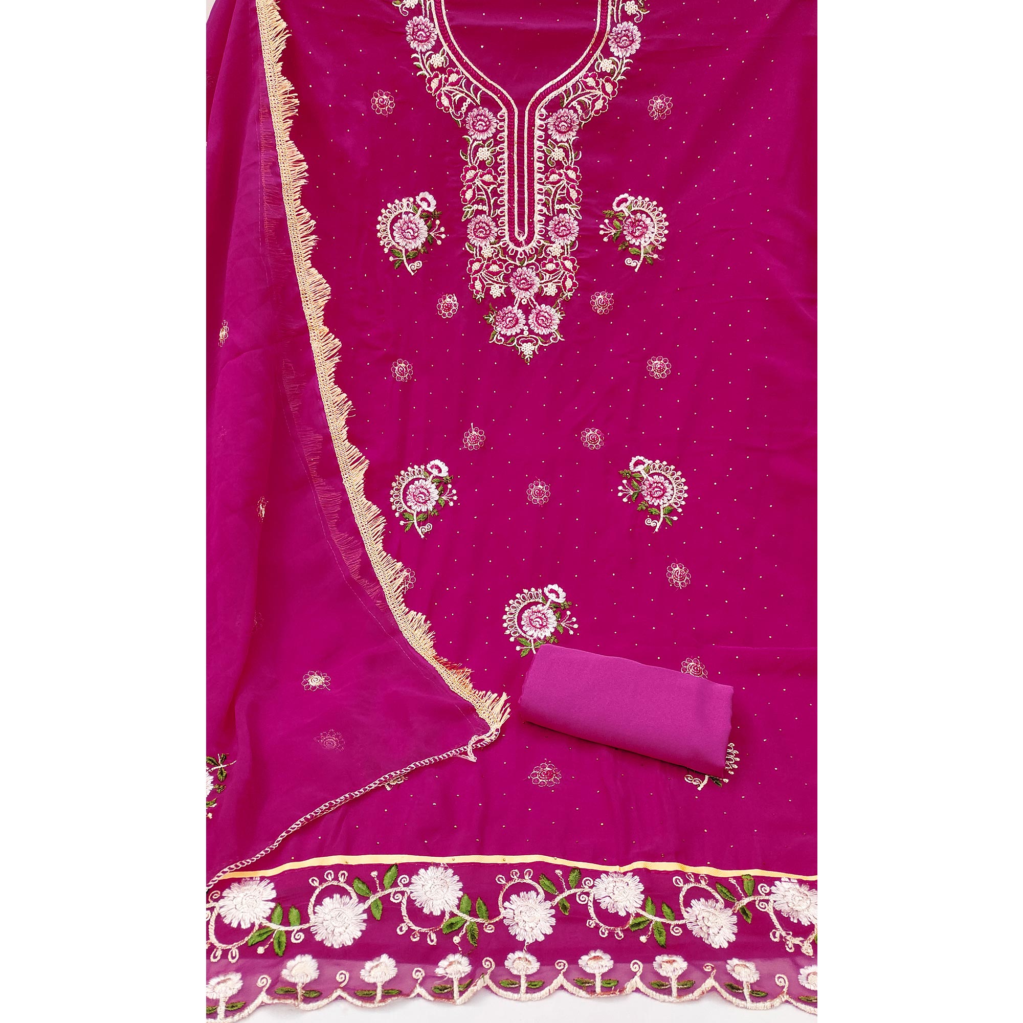 Rani Pink Georgette Dress Material With Exquisite Floral Embroidery & Shimmering Stonework