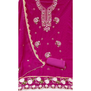 Rani Pink Georgette Dress Material With Exquisite Floral Embroidery & Shimmering Stonework