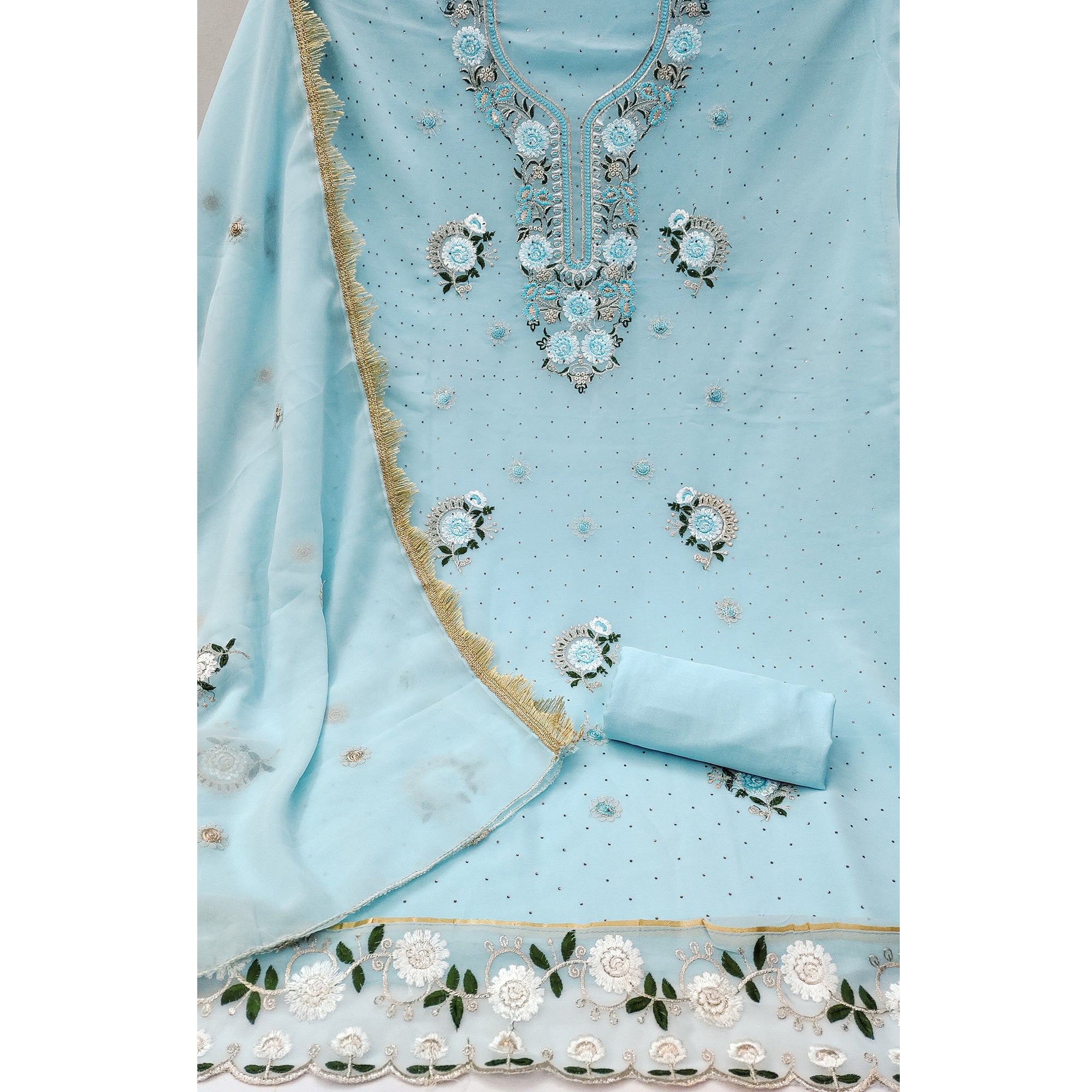 Sky Blue Georgette Dress Material With Exquisite Floral Embroidery & Shimmering Stonework