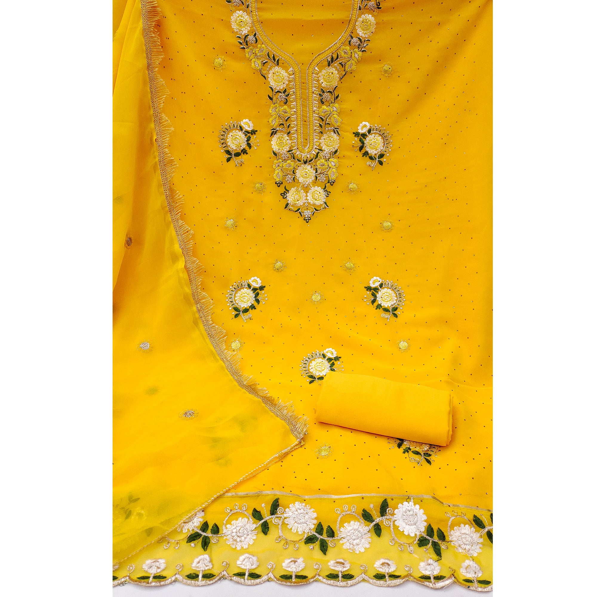 Yellow Georgette Dress Material With Exquisite Floral Embroidery & Shimmering Stonework