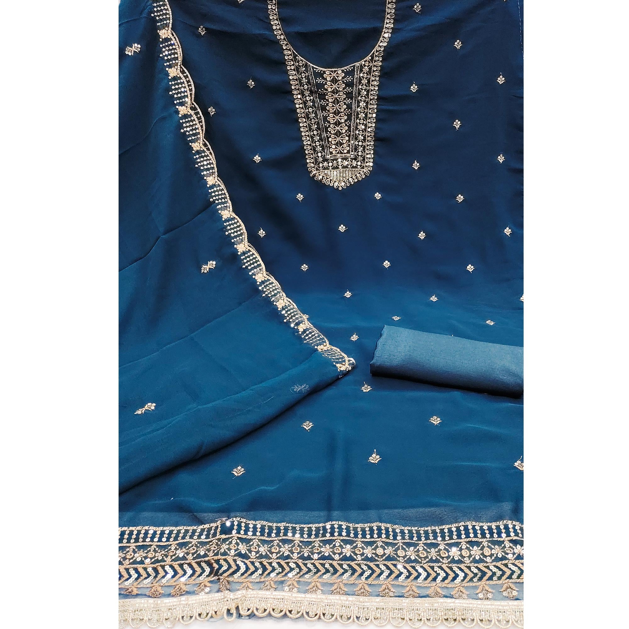 Blue Georgette Dress Material Featuring Floral Sequins Embroidery