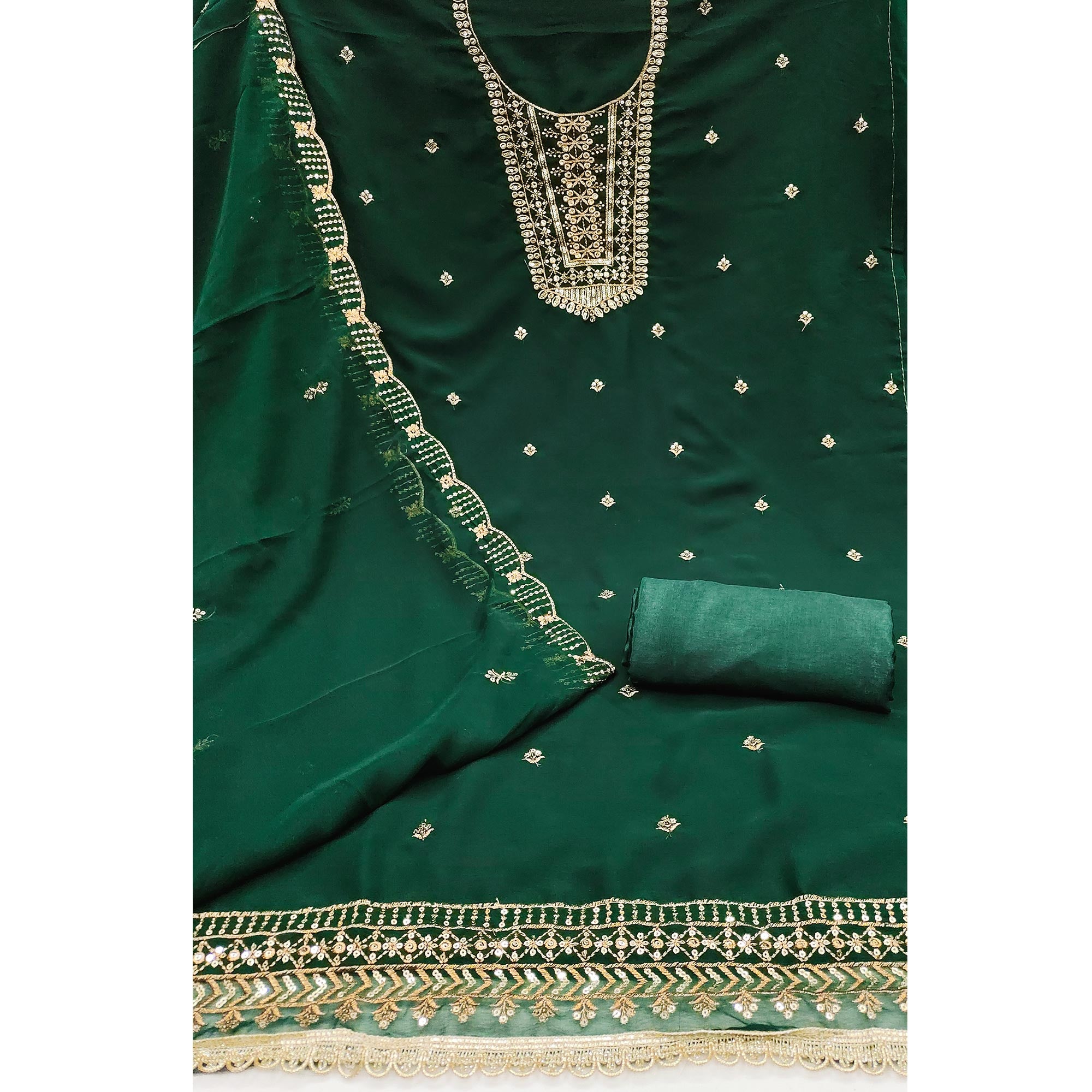 Green Georgette Dress Material Featuring Floral Sequins Embroidery