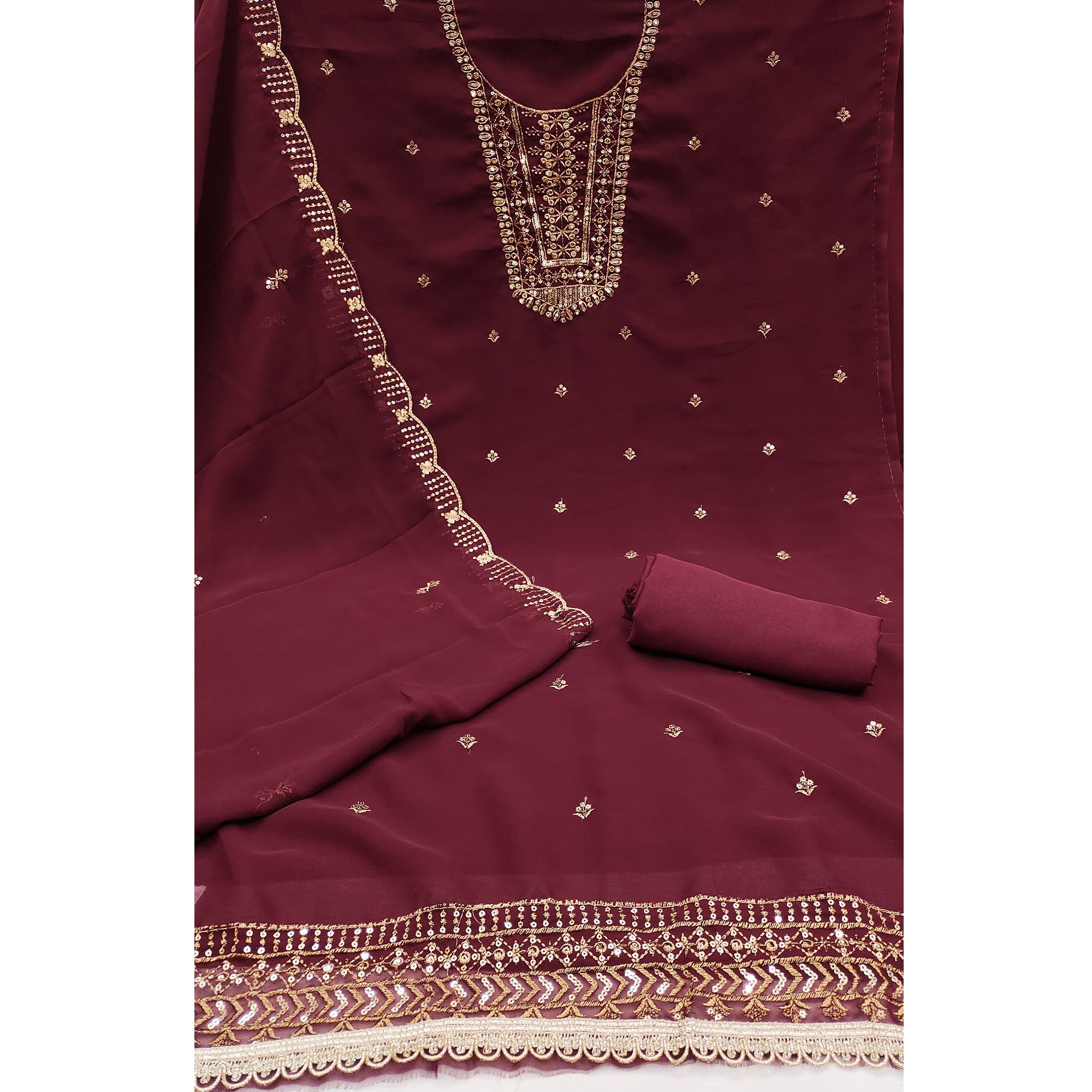 Maroon Georgette Dress Material Featuring Floral Sequins Embroidery