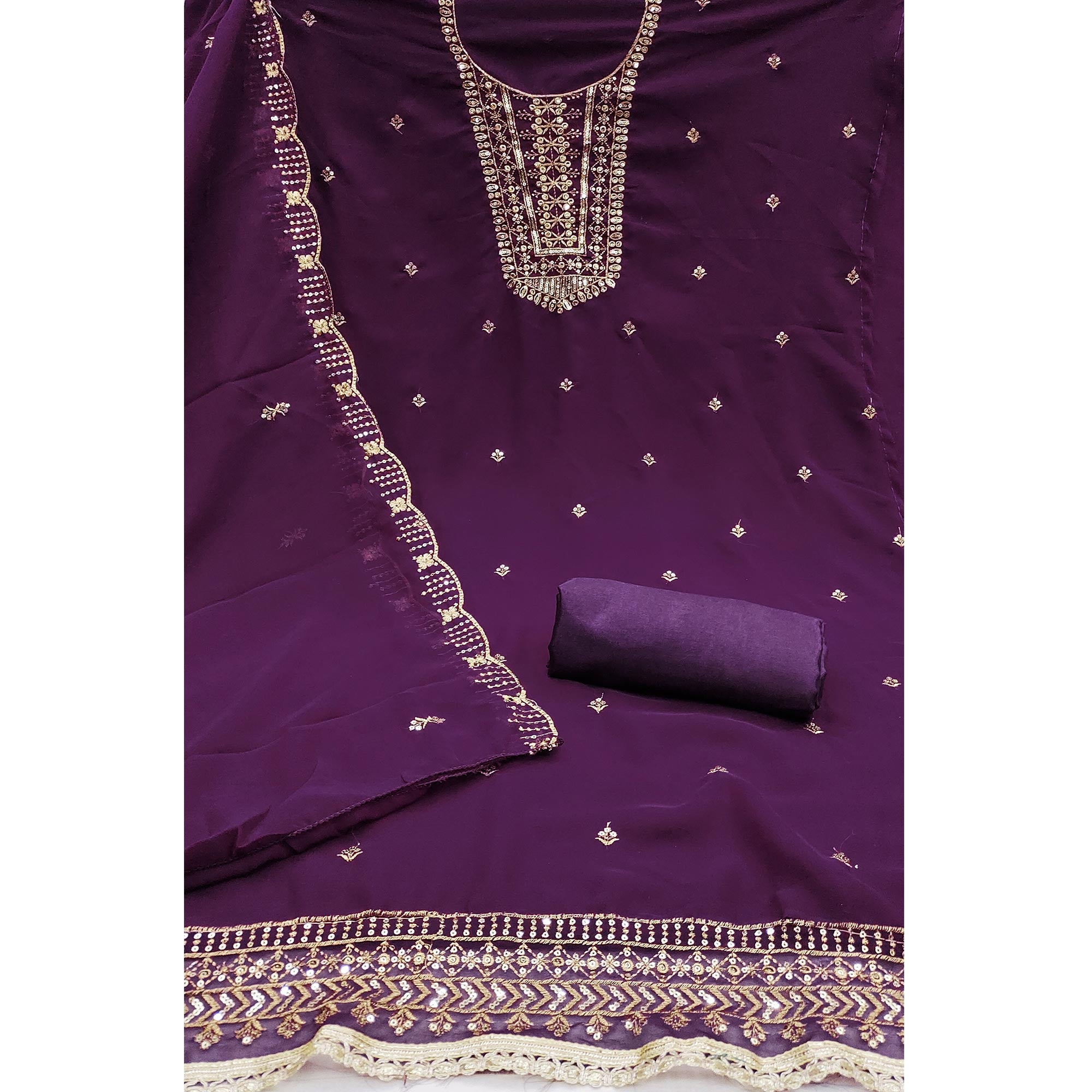 Wine Georgette Dress Material Featuring Floral Sequins Embroidery