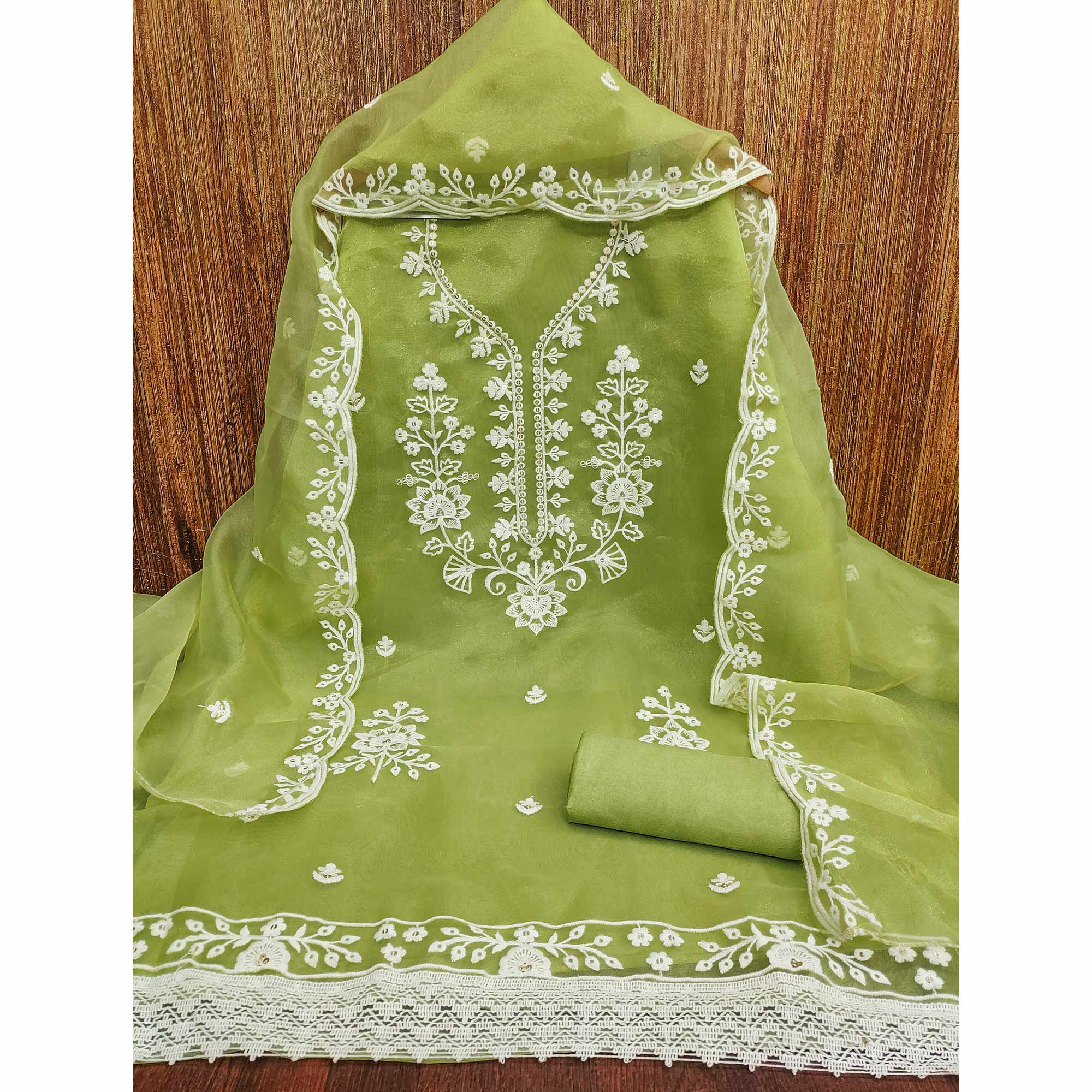 Green Floral Embroidered Work Dress Material With Shimmering Sequin Detailing