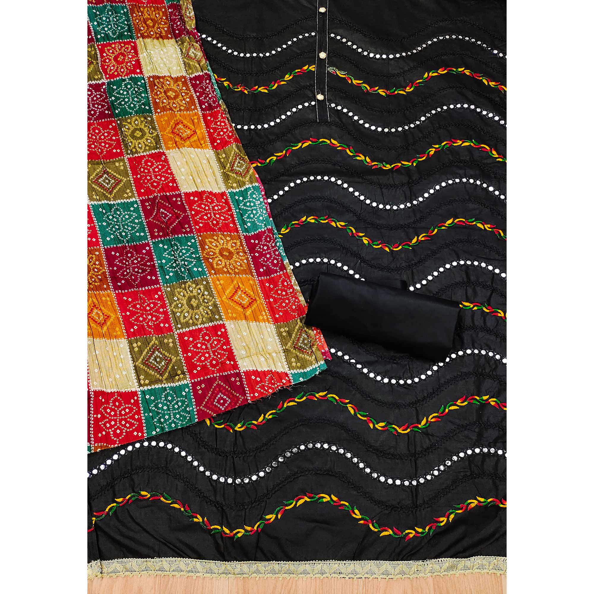 Black Cotton Blend Dress Material With Intricate Thread Embroidery & Paper Mirror Work