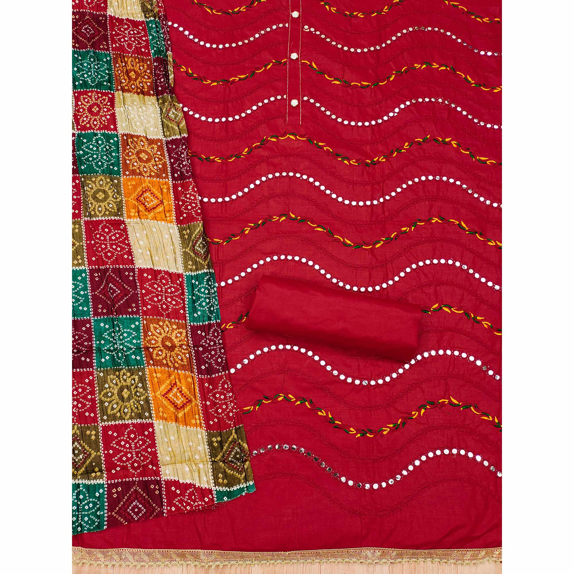 Red Cotton Blend Dress Material With Intricate Thread Embroidery & Paper Mirror Work