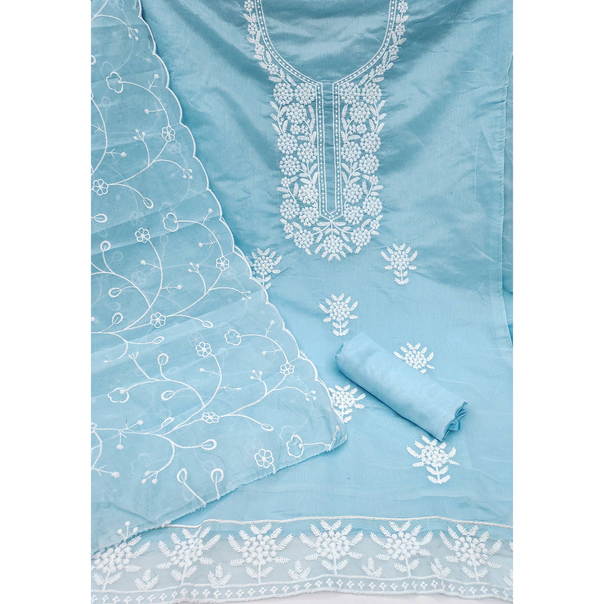 Blue Chanderi Silk Dress Material With Exquisite Floral Thread Embroidery