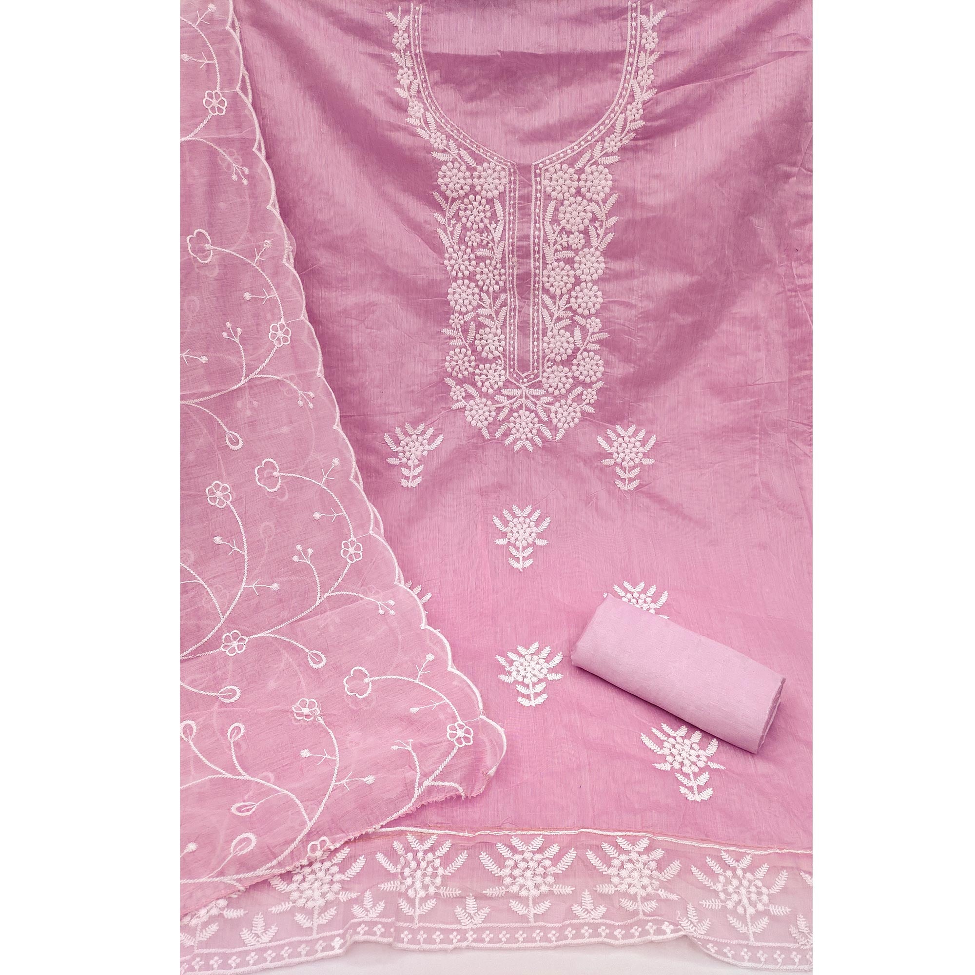Pink Chanderi Silk Dress Material With Exquisite Floral Thread Embroidery