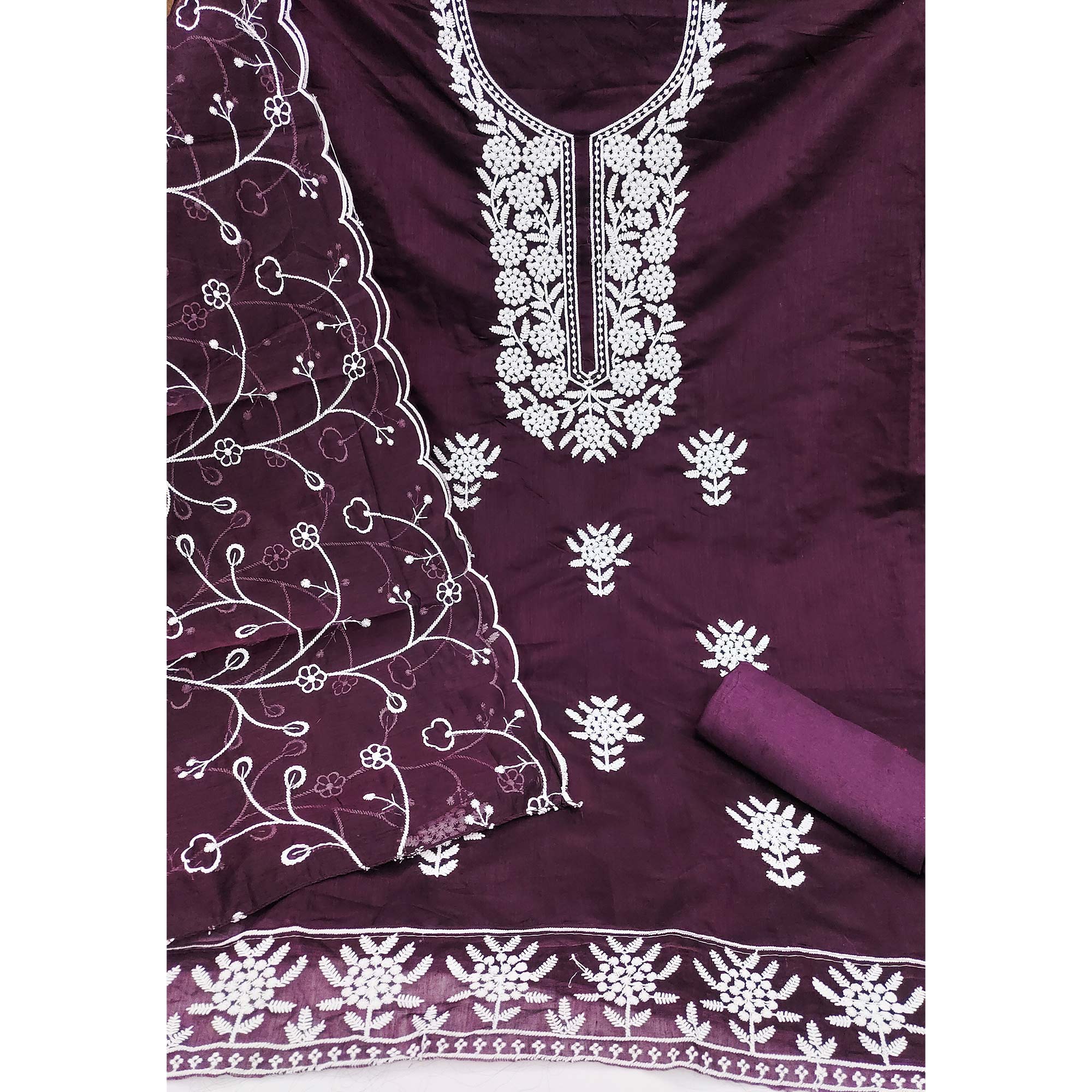Wine Chanderi Silk Dress Material With Exquisite Floral Thread Embroidery